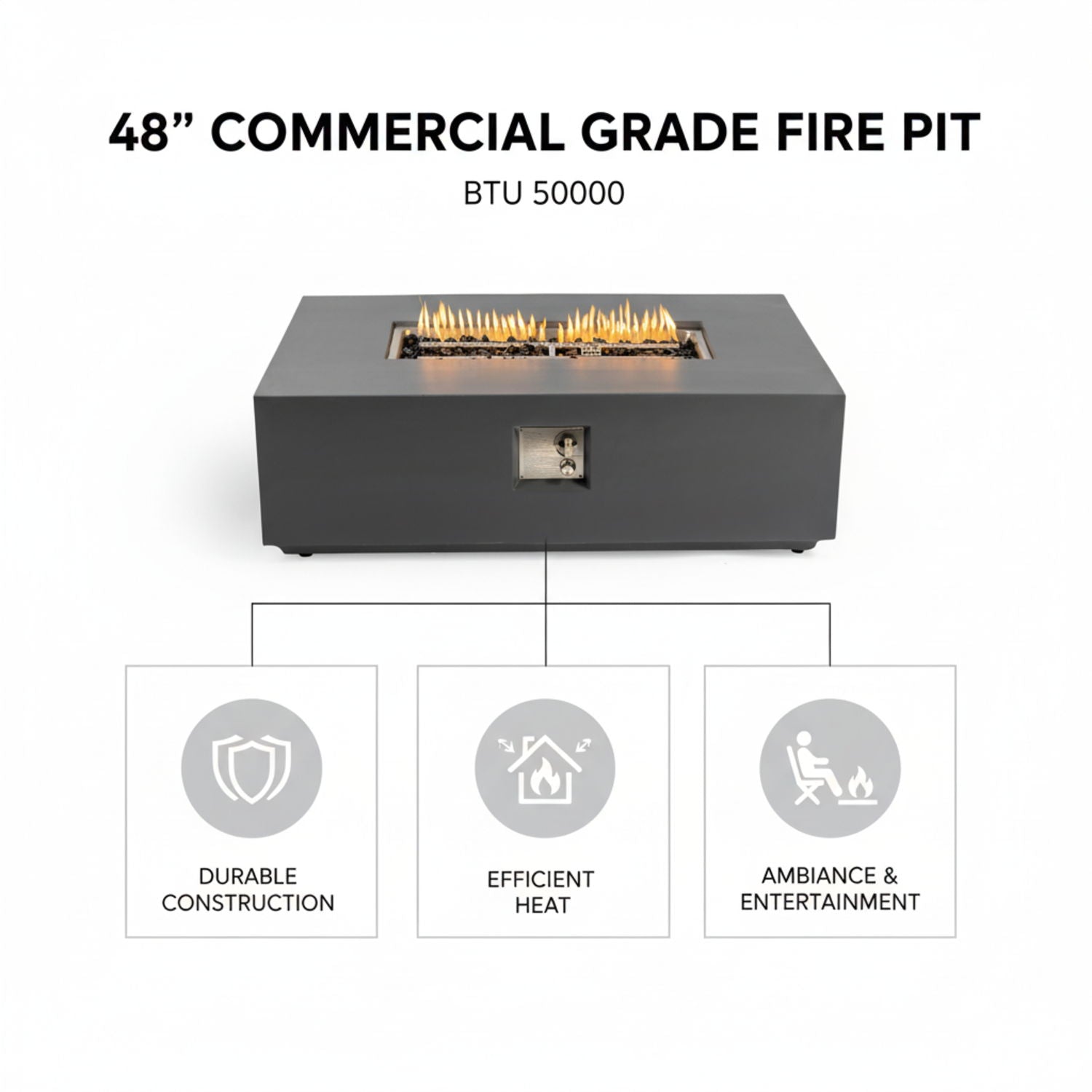 Volon - Rectangular Fire Pit Table, Propane Powered, 50,000 BTU - Light Gray