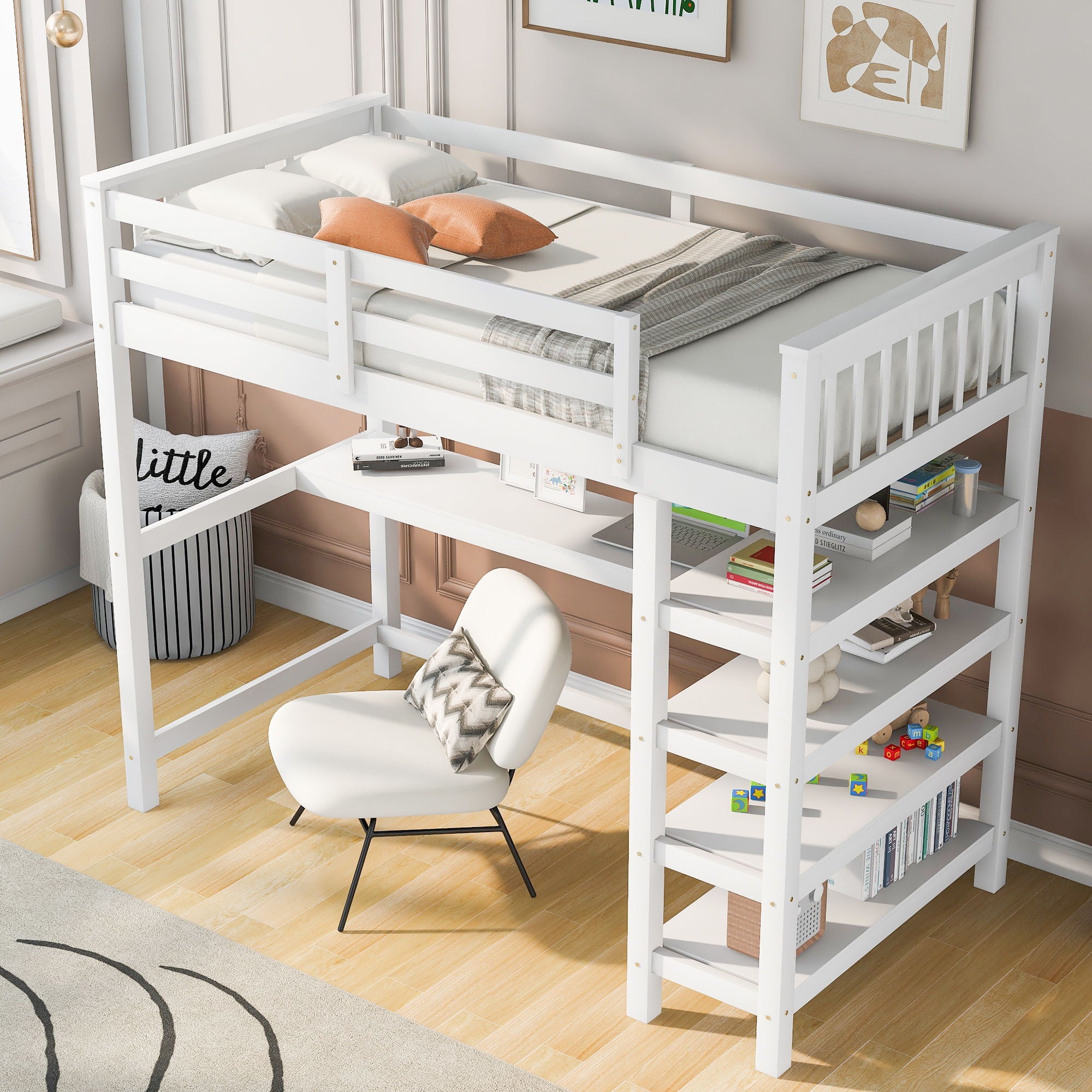 Loft Bed With Storage Shelves And Under Bed Desk