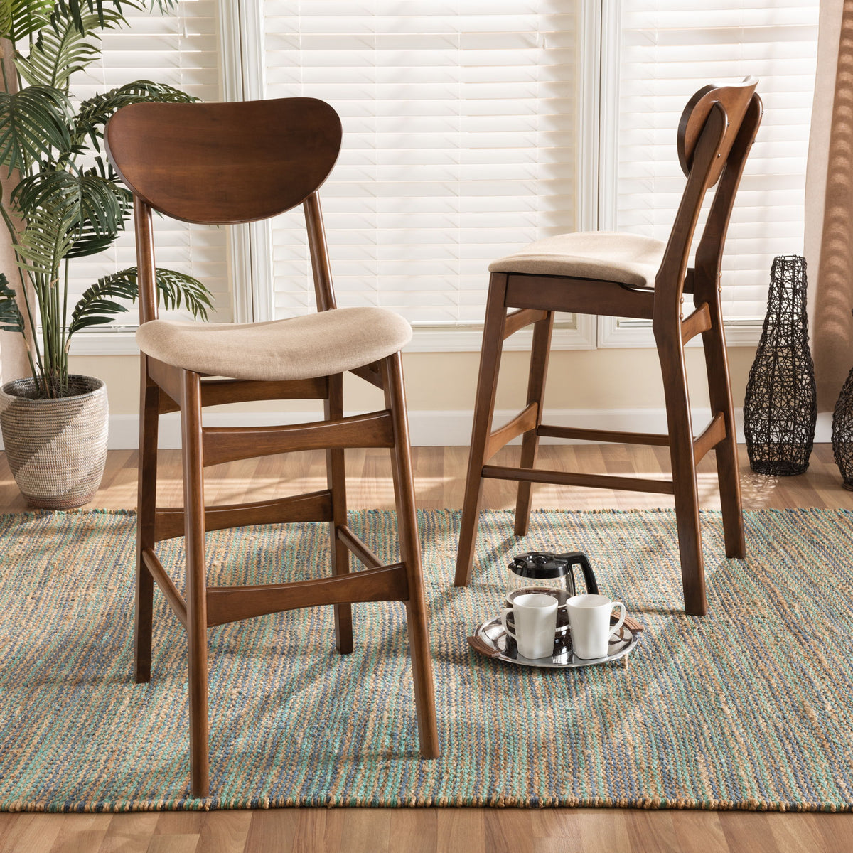 Katya Mid-Century Modern Sand Fabric Upholstered and Walnut Brown Finished Wood 2-Piece Bar Stool Set