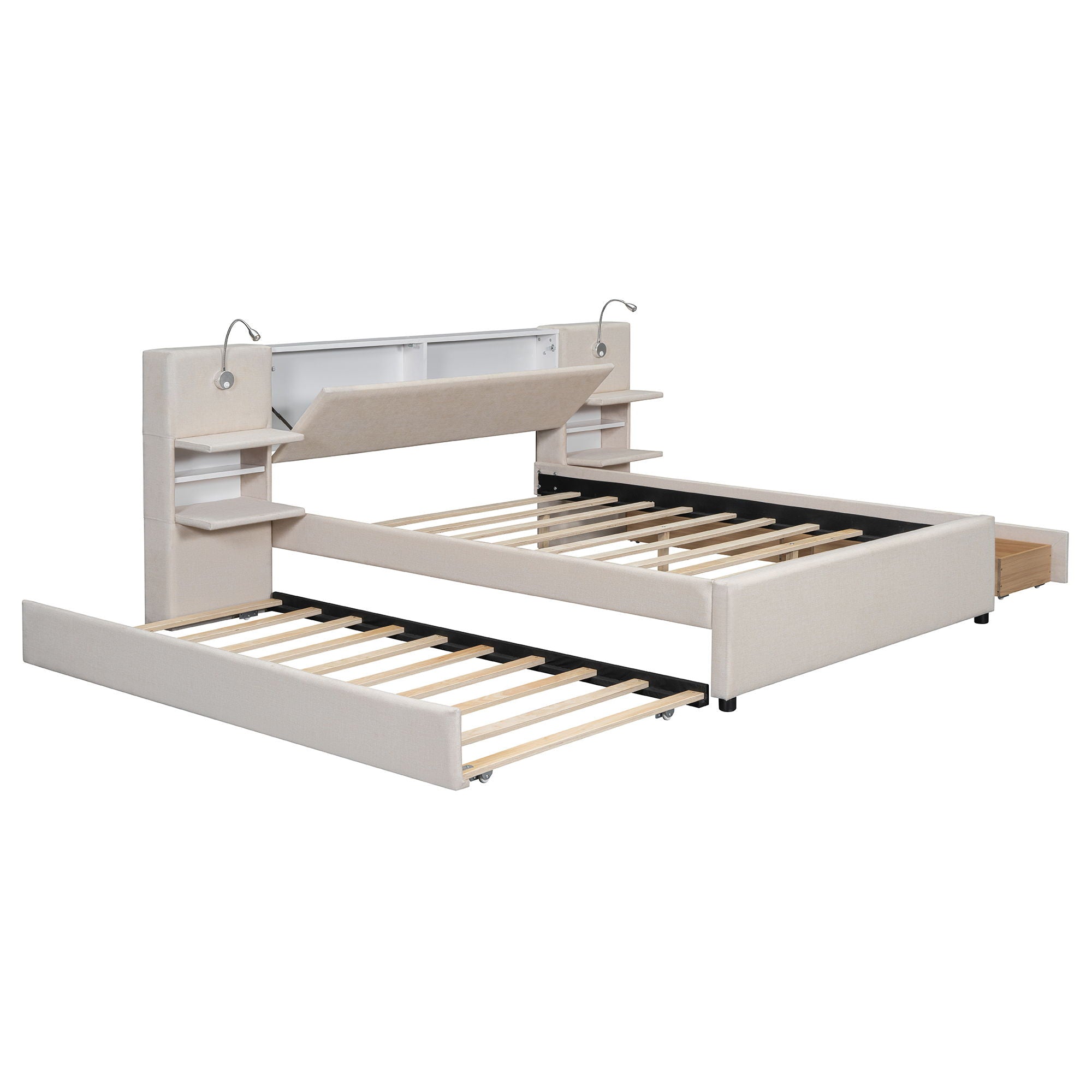 Upholstered Platform Bed With Reading Lights, Drawers, Trundle And Shelves