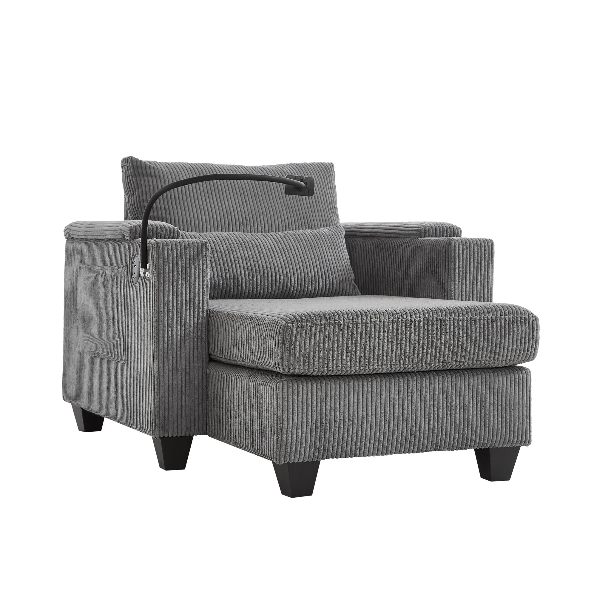 Convertible Chaise Lounge Sofa Chair With USB Ports, Cup Holders, Phone Holder And Storage