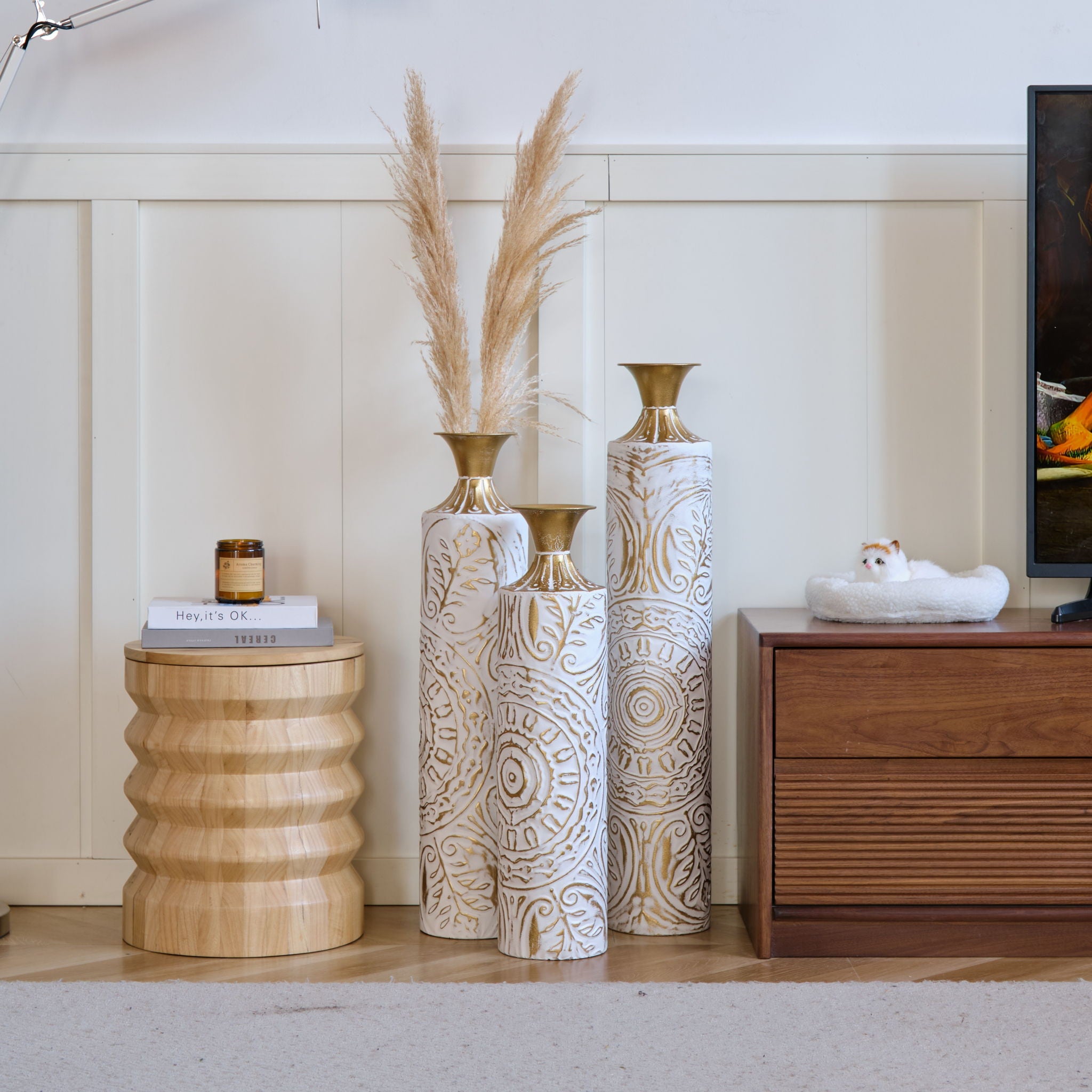 Floor Metal Vases Decorated Metal Vases (Set of 3) Gorgeous Home Decoration Large Glazed Metal Vases - White / Gold