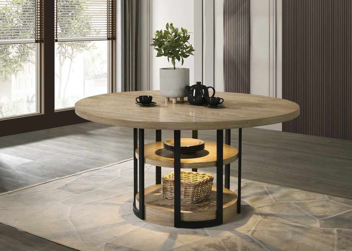Eden 59" Round Rustic Oak Dining Table with LED Light, Black Metal Frame, Shelves