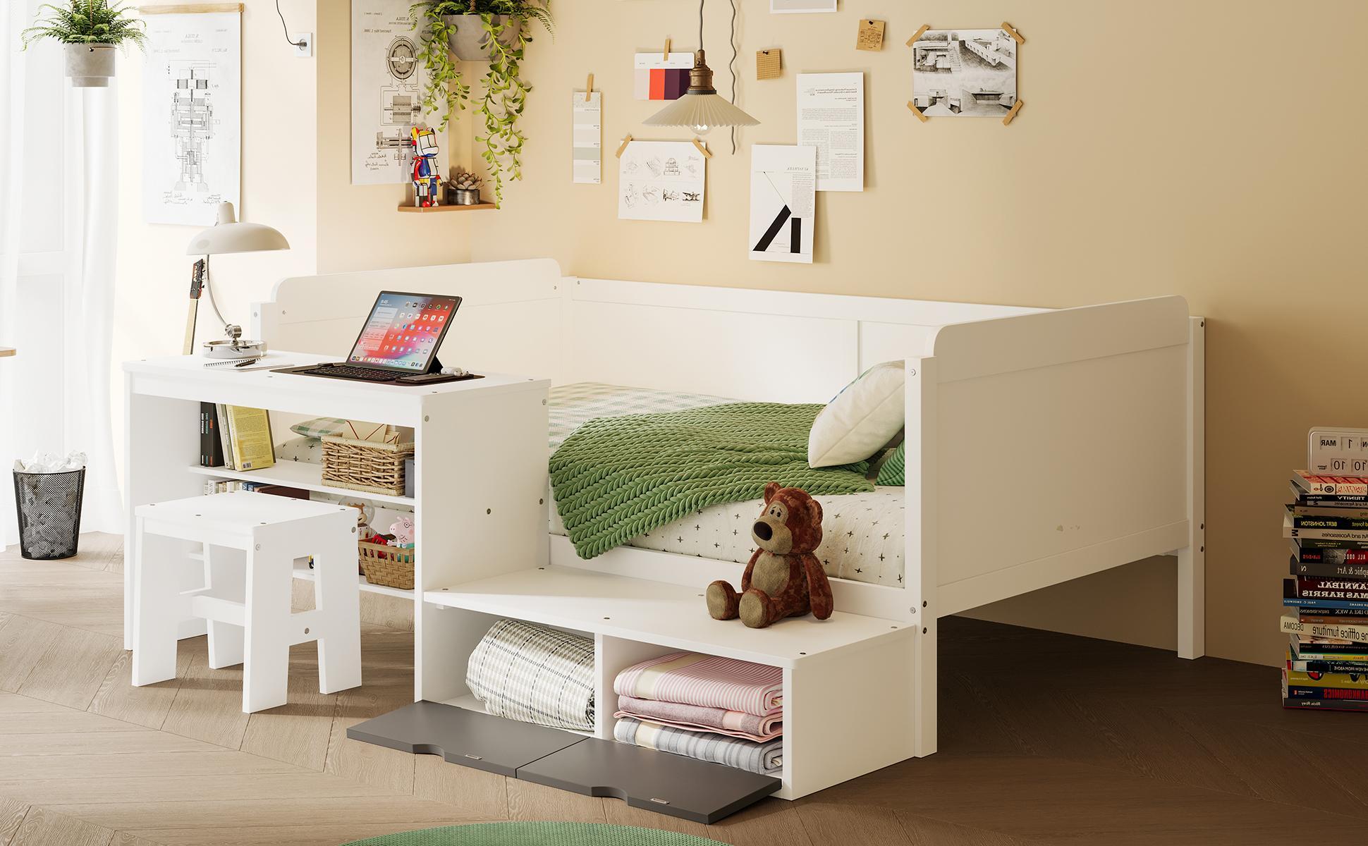 Daybed With Storage Shelves And Lockers, Multi Functional Bed With Study Desk And Matching Stool