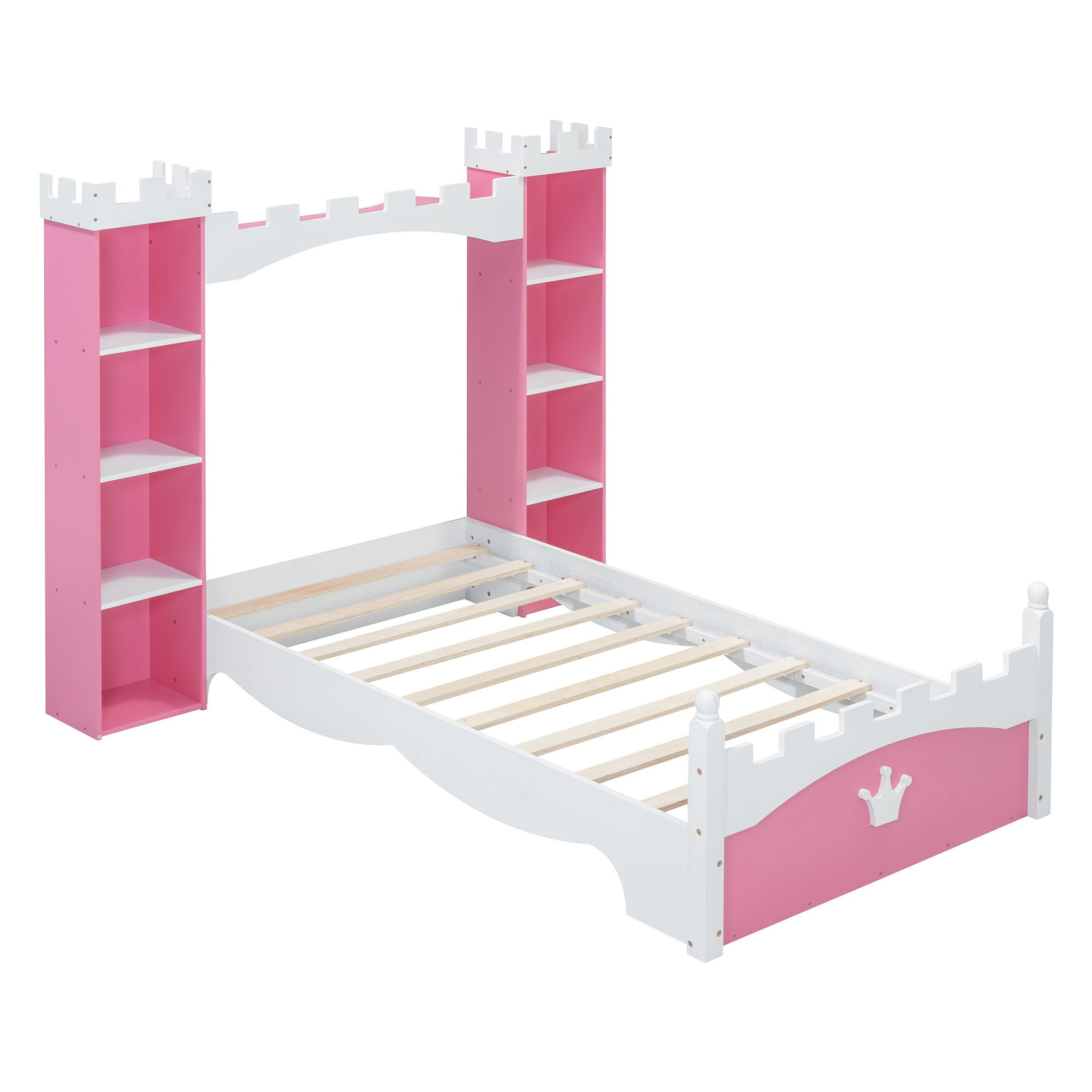 Castle Shaped Bed With Storage Shelf, Dreamy Platform Bed For Kids Bedroom