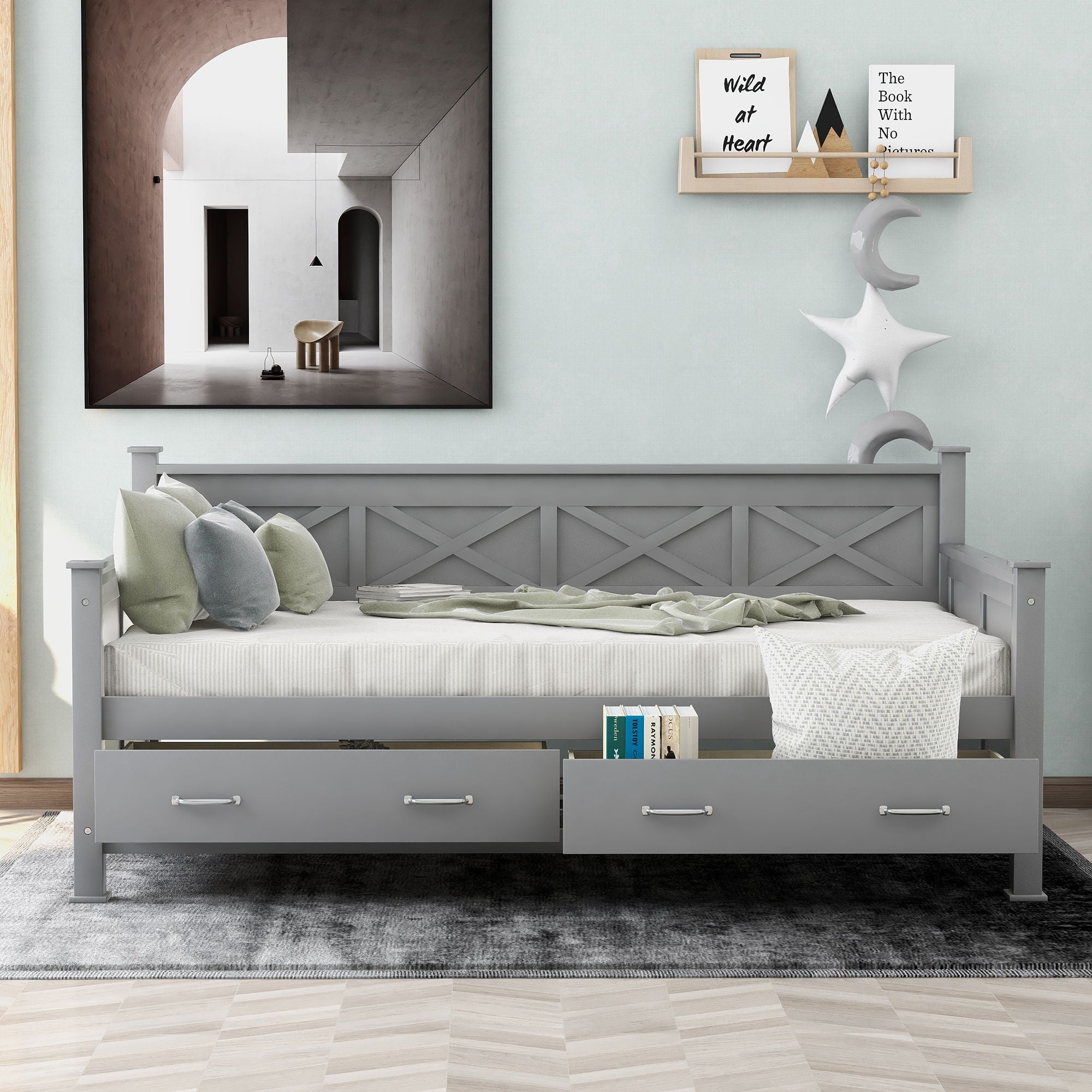 Modern Daybed With 2 Large Drawers, X Shaped Frame