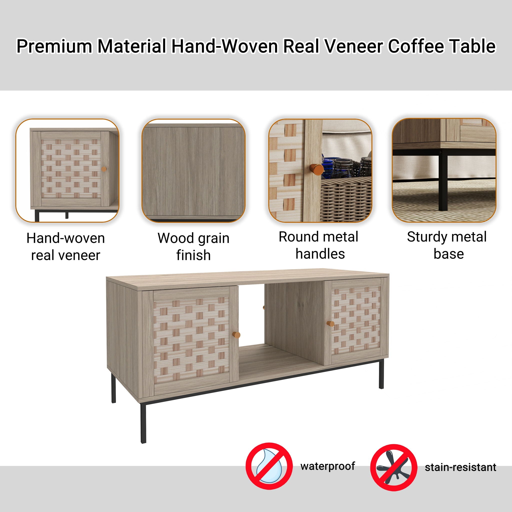 Elegant Veener Weaving Design Coffee Table With 4 Sliding Doors - Natural Wood