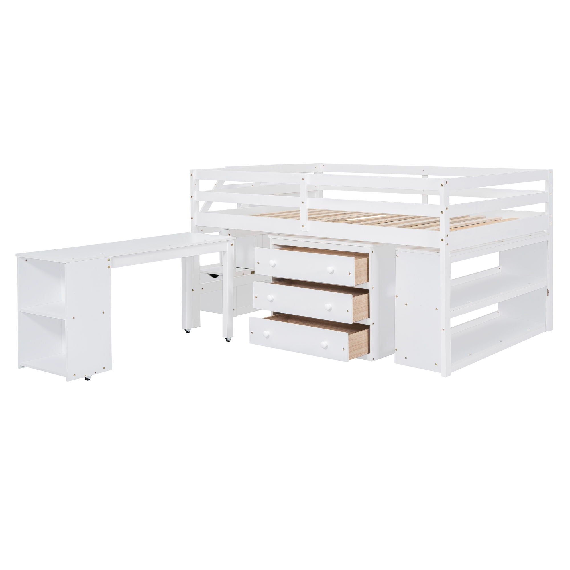 Loft Bed With Retractable Writing Desk And 3 Drawers With Storage Stairs And Shelves