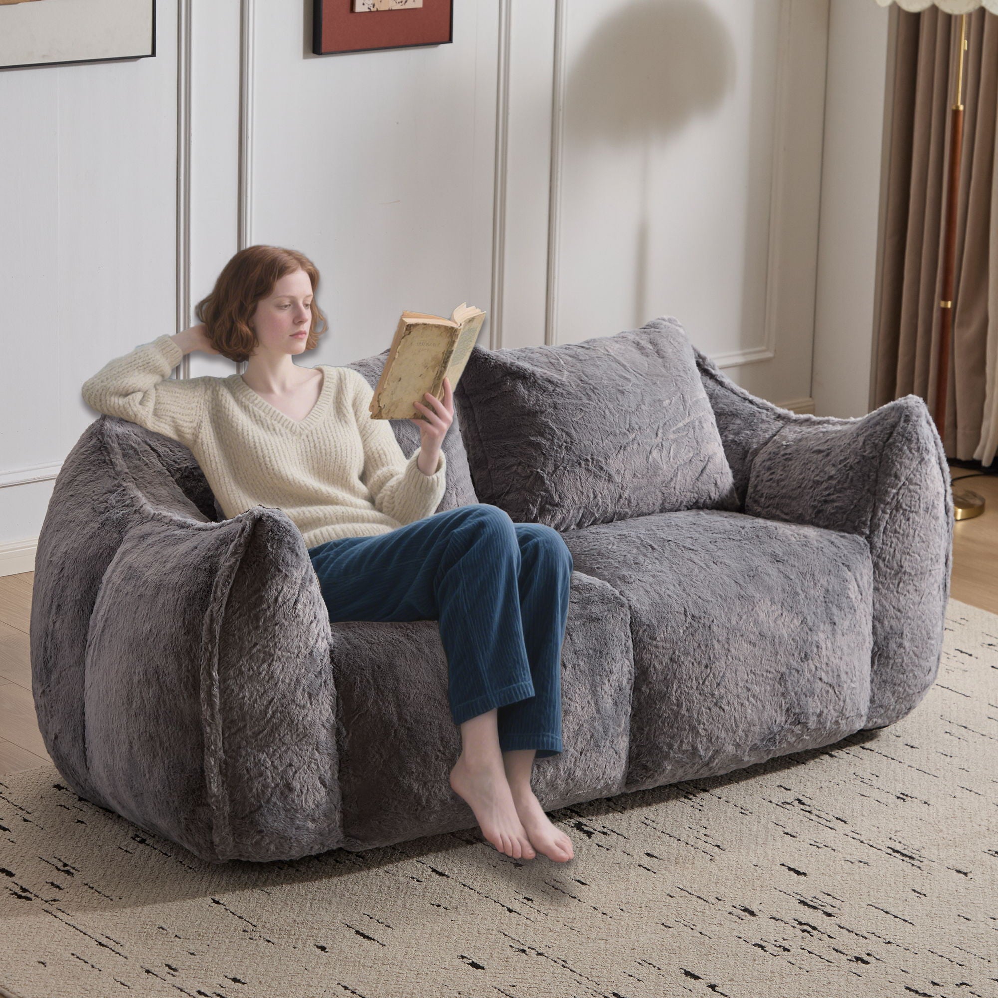 Giant Bean Bag Couch, Ultra Soft Fluffy Loveseat For Living Room