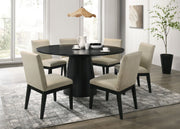 Jasper Ebony Black 7 Piece 59" Round Dining Table Set with Pedestal Base and Beige Fabric Chairs