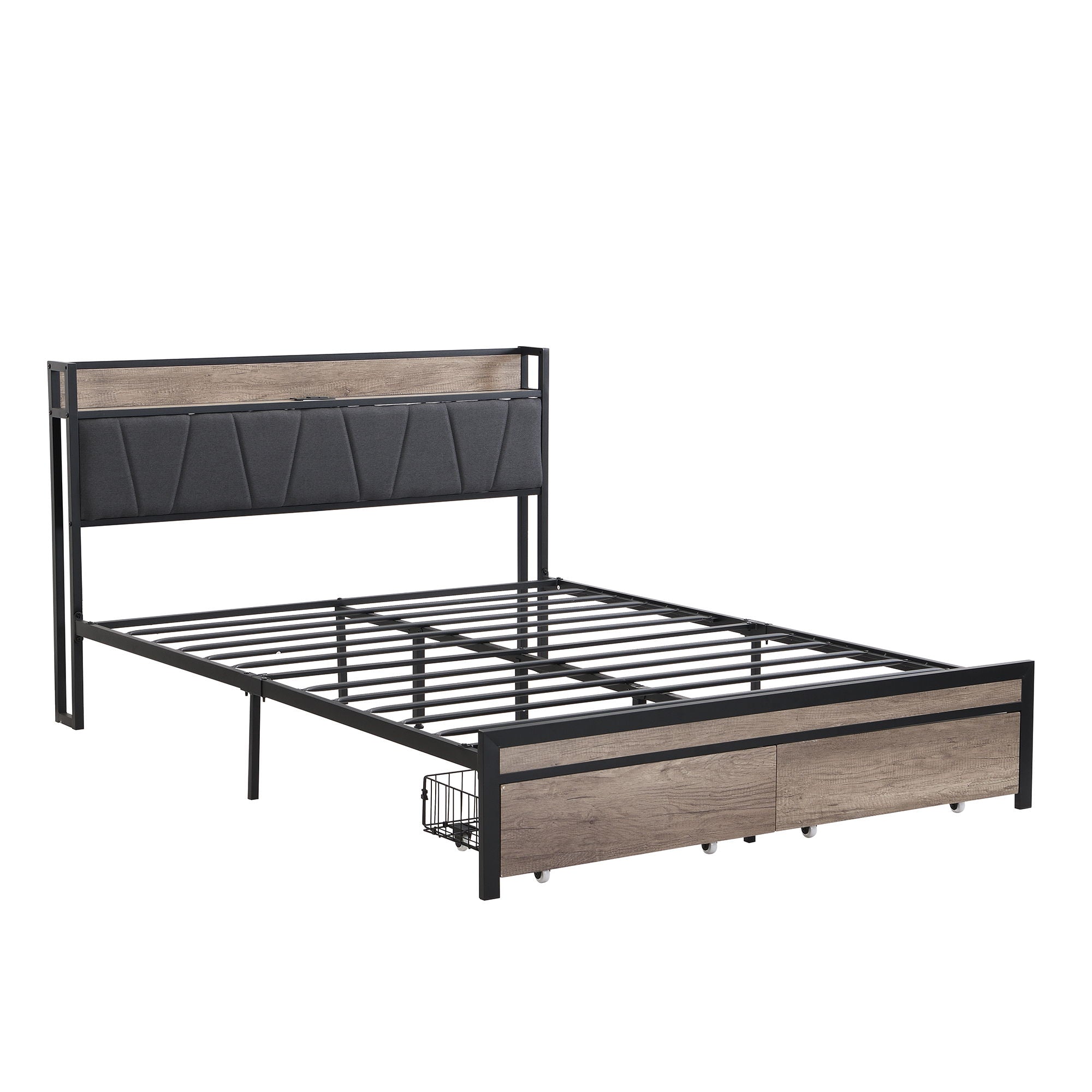Modern Platform Bed Frame With Upholstered Storage Headboard, USB Ports