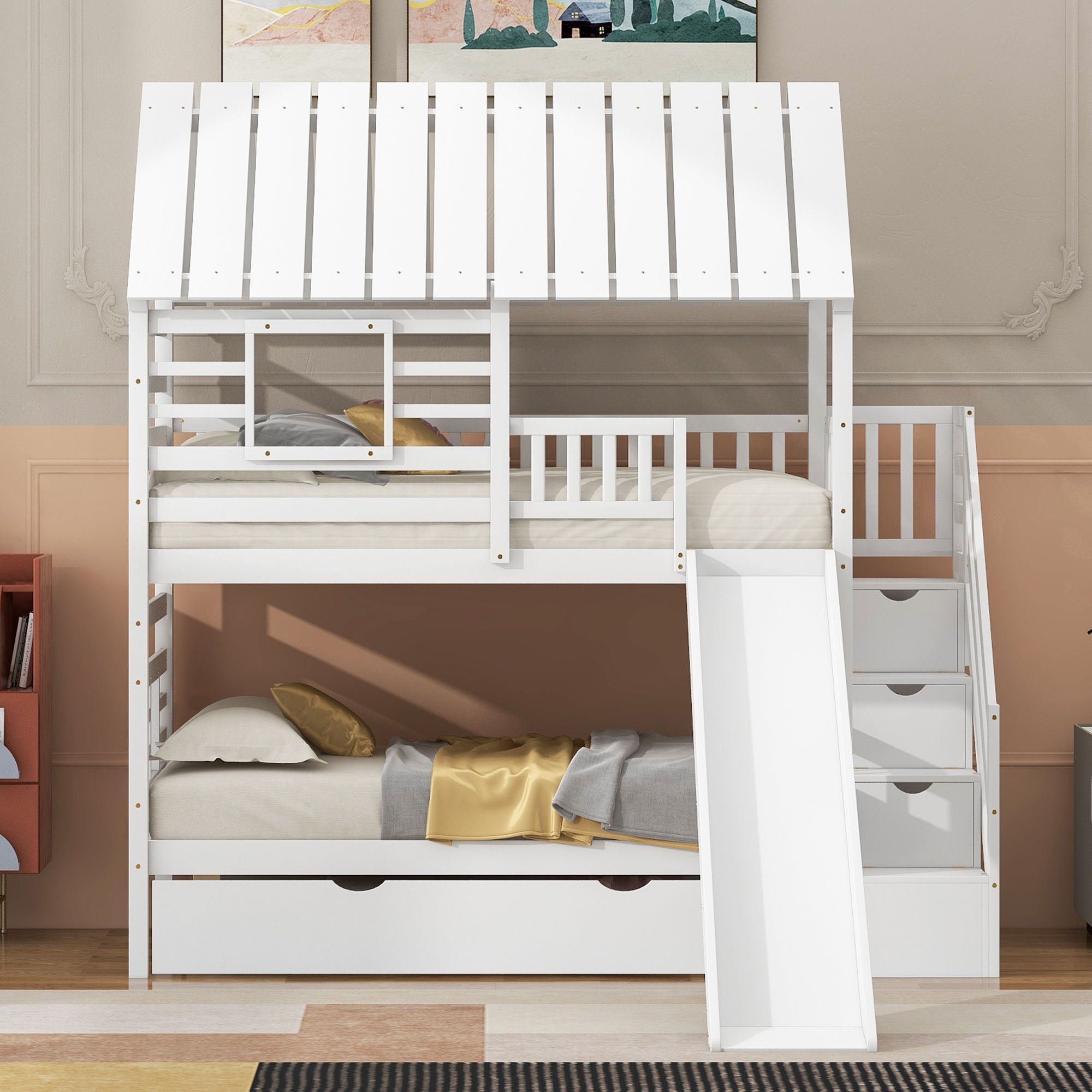 House Bunk Bed With Trundle, Storage Staircase, Roof And Window Design