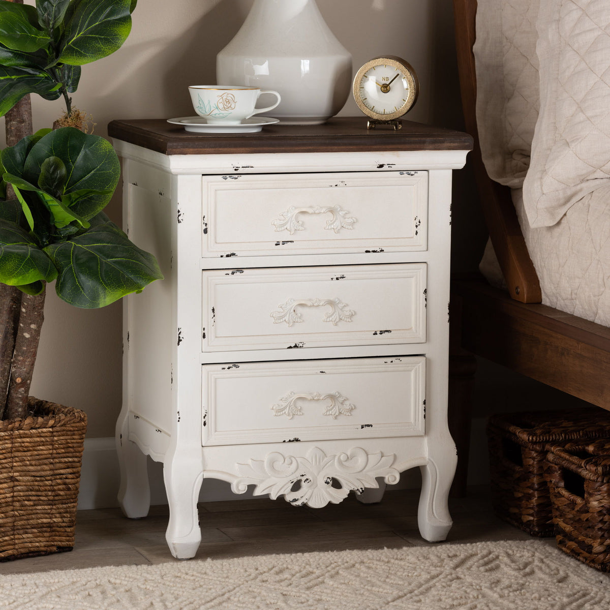 Levron Classic and Traditional Walnut Brown and Antique White Finished Wood 3-Drawer End Table