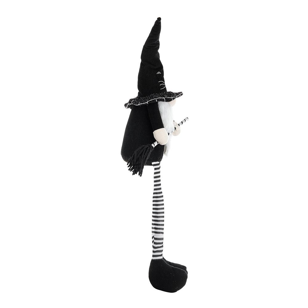 Sitting Gnome With Broomstick & Long Legs, For Halloween Decor - Black White
