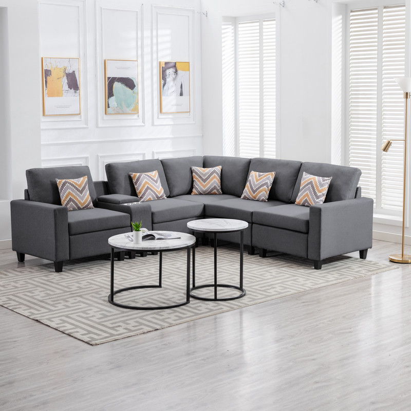Nolan 106"W Gray Linen Fabric 6Pc Reversible Sectional Sofa with a USB, Charging Ports, Cupholders, Storage Console Table and Pillows and Interchangeable Legs