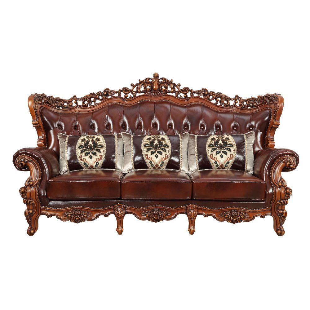 ACME Eustoma - Sofa - Cherry Top Grain Leather Match & Walnut | Meri Furniture