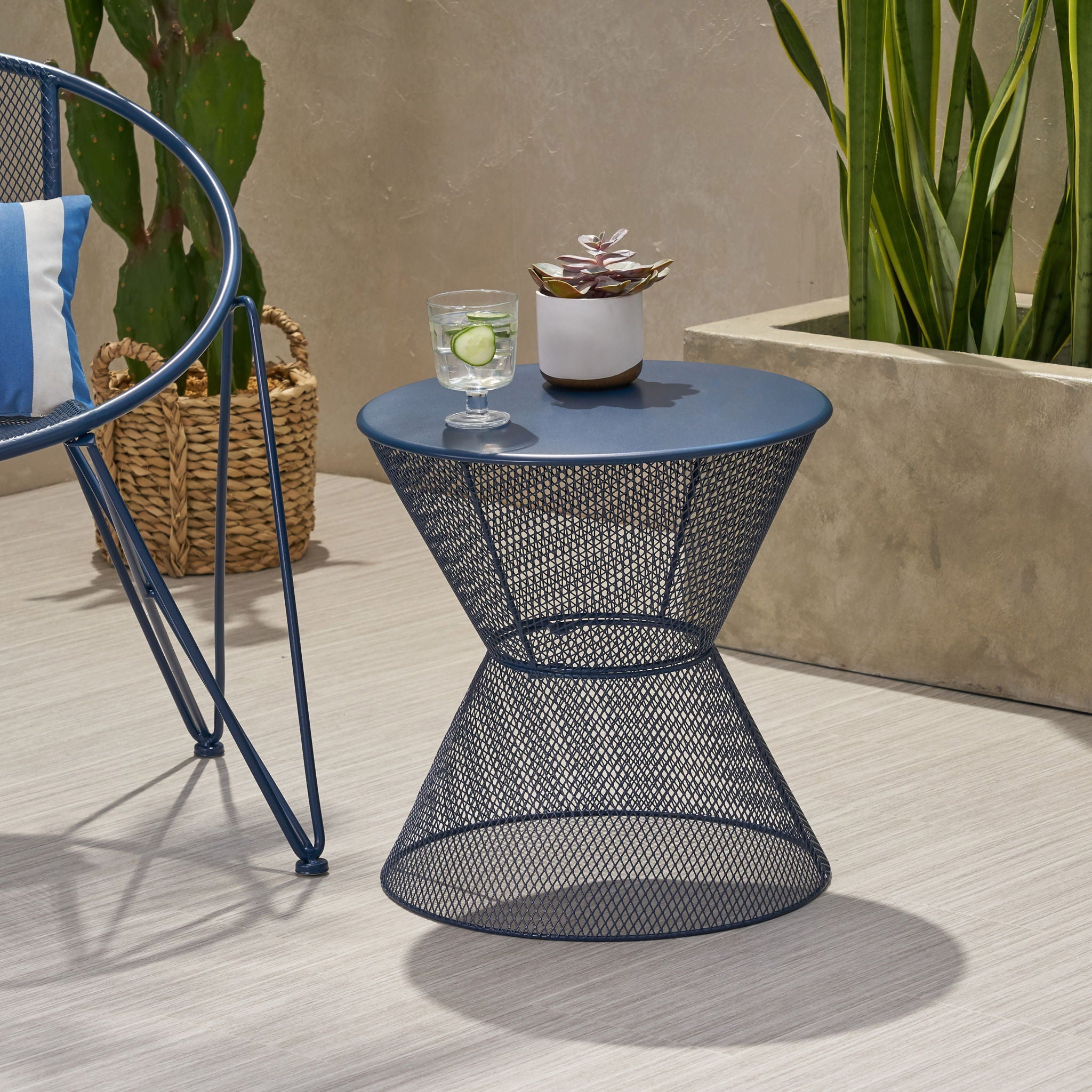 Zine - Outdoor Side Table With Hourglass Shaped And Iron Frame - Navy
