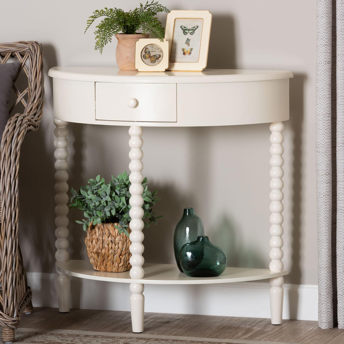 Raynera Bobbin-Leg Demilune Console Table - Half-Moon Accent Table with 1 Drawer and Open Shelf, Cottage Farmhouse Entryway or Living Room Furniture