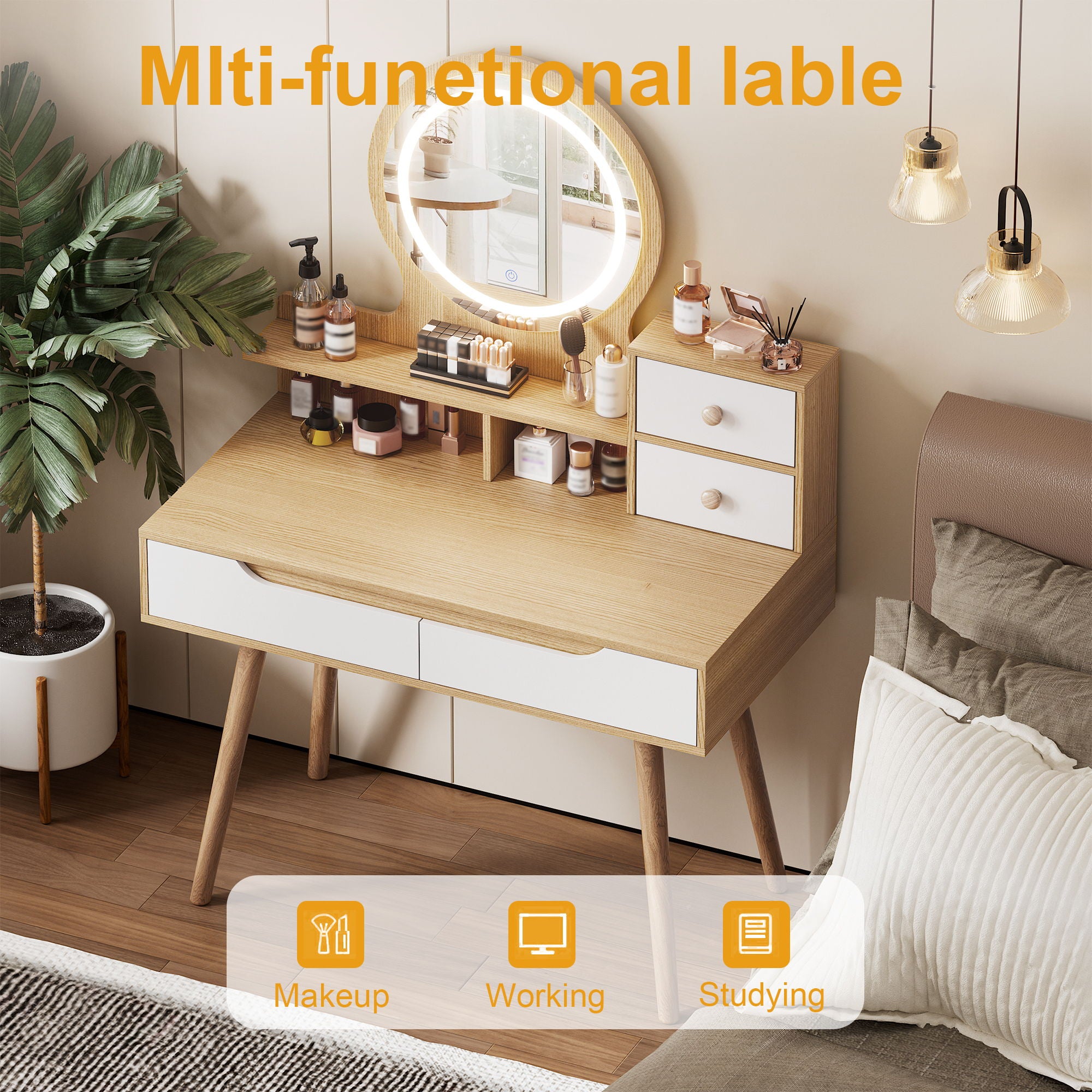 Elegant Makeup Vanity Desk With Adjustable Lighted Mirror Table Feet - American White Oak