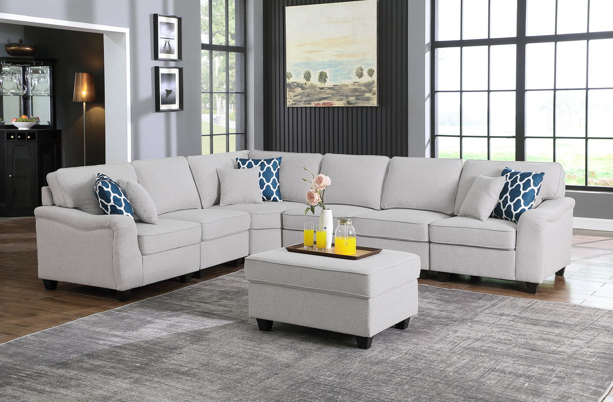 Leo 125"W Light Gray Linen 7Pc Modular L-Shape Sectional Sofa and Ottoman