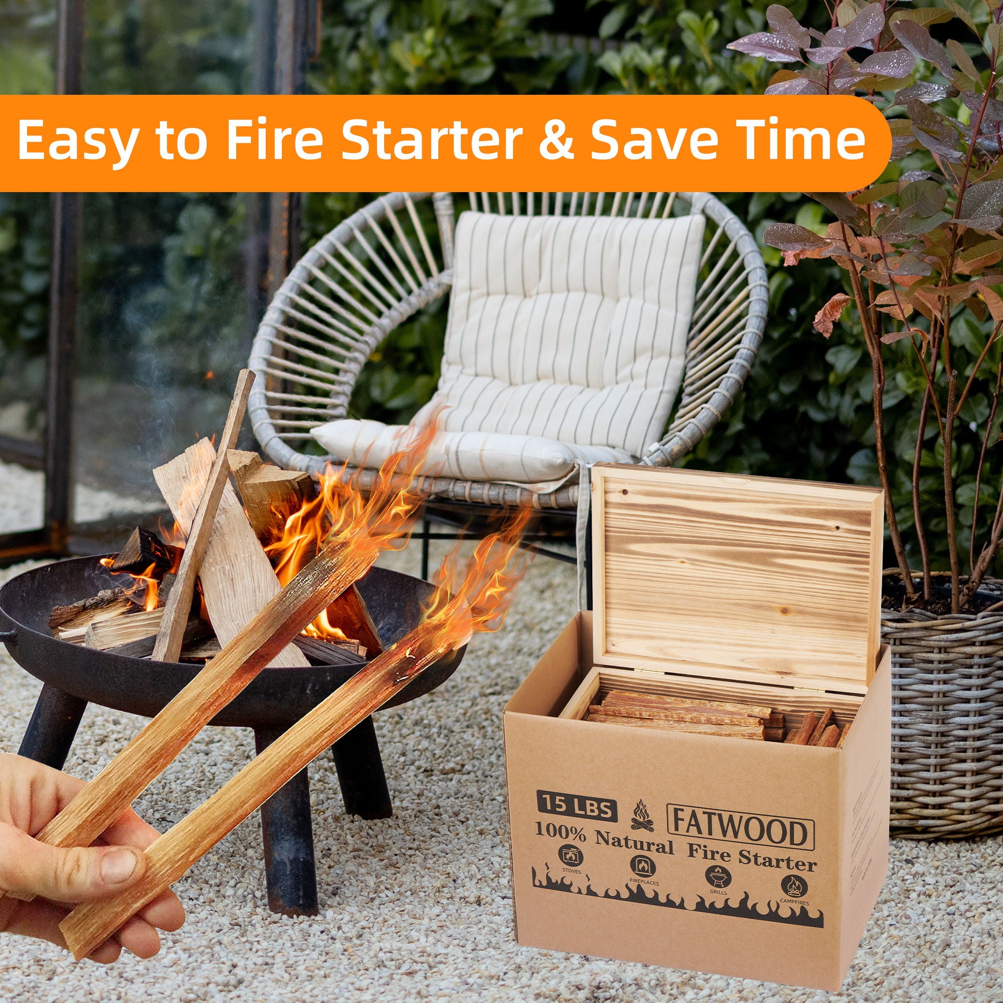 15 Lbs Fatwood Fire Starter Sticks With Box, 100% Natural Kindling Wood, Pine Firewood Firestarter For Campfire, Stove, Fireplace, Bonfires, Grill - Natural