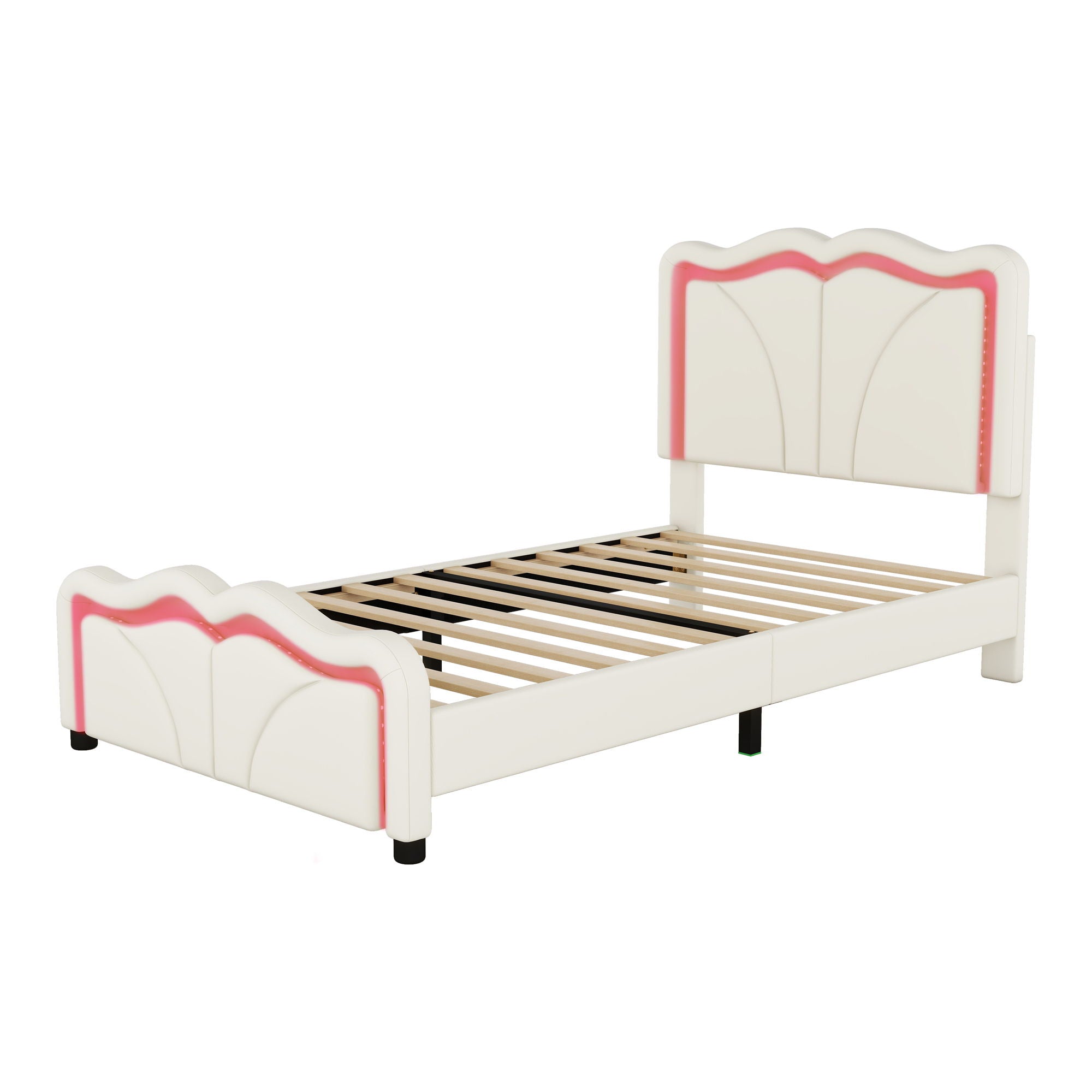 Upholstered Platform Bed & Curve Shaped And Height Adjustable Headboard, LED Light Strips