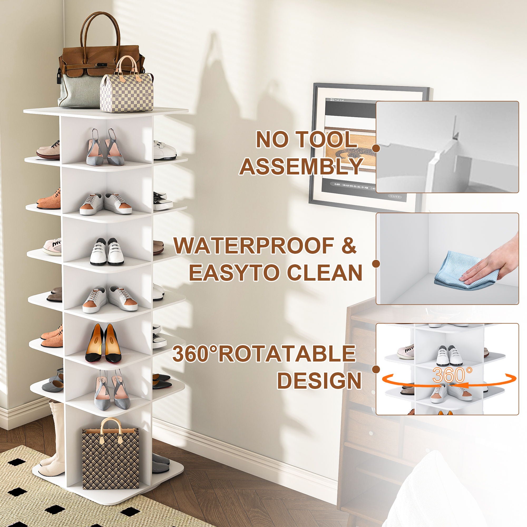 7 Tier Square Rotating Shoe Rack Tower With 360° Spinning Organizer - White