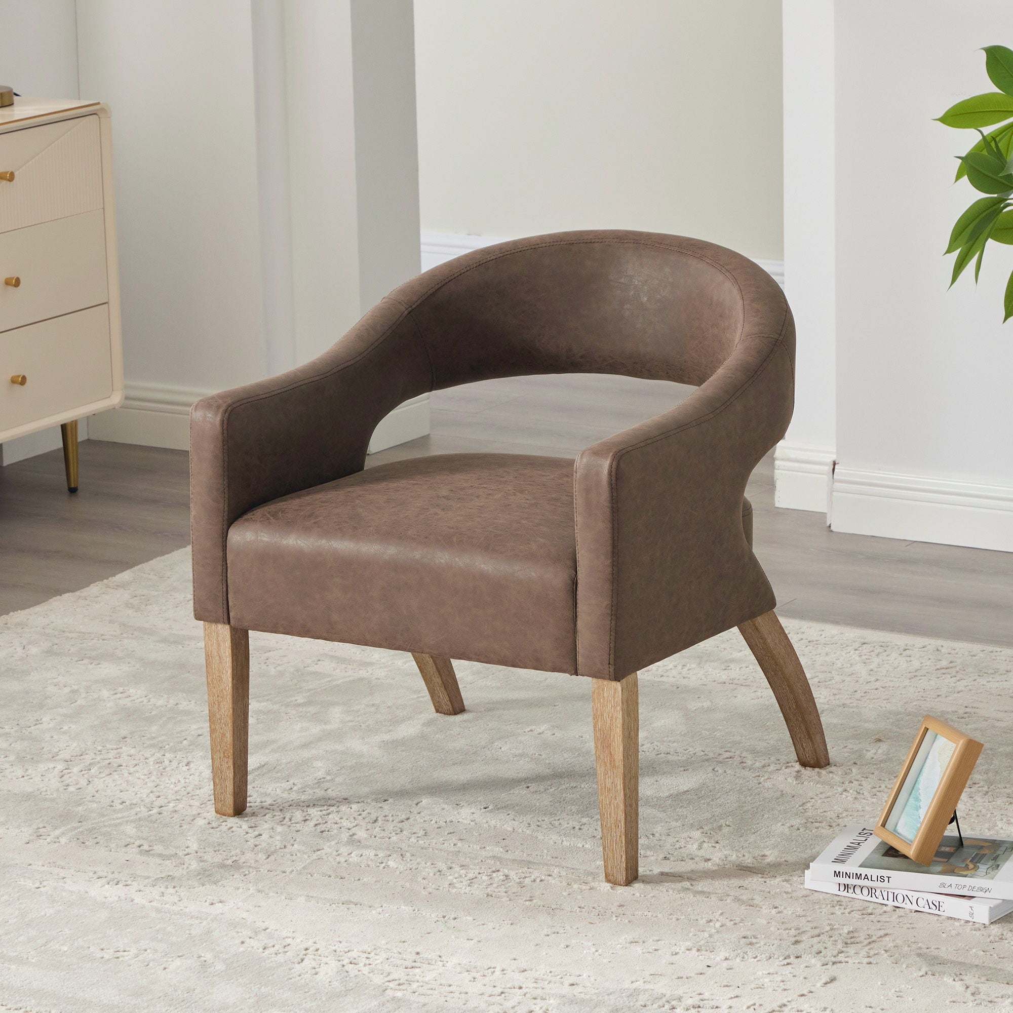 Upholstered Open Back Armchair With Weathered Rubberwood Legs