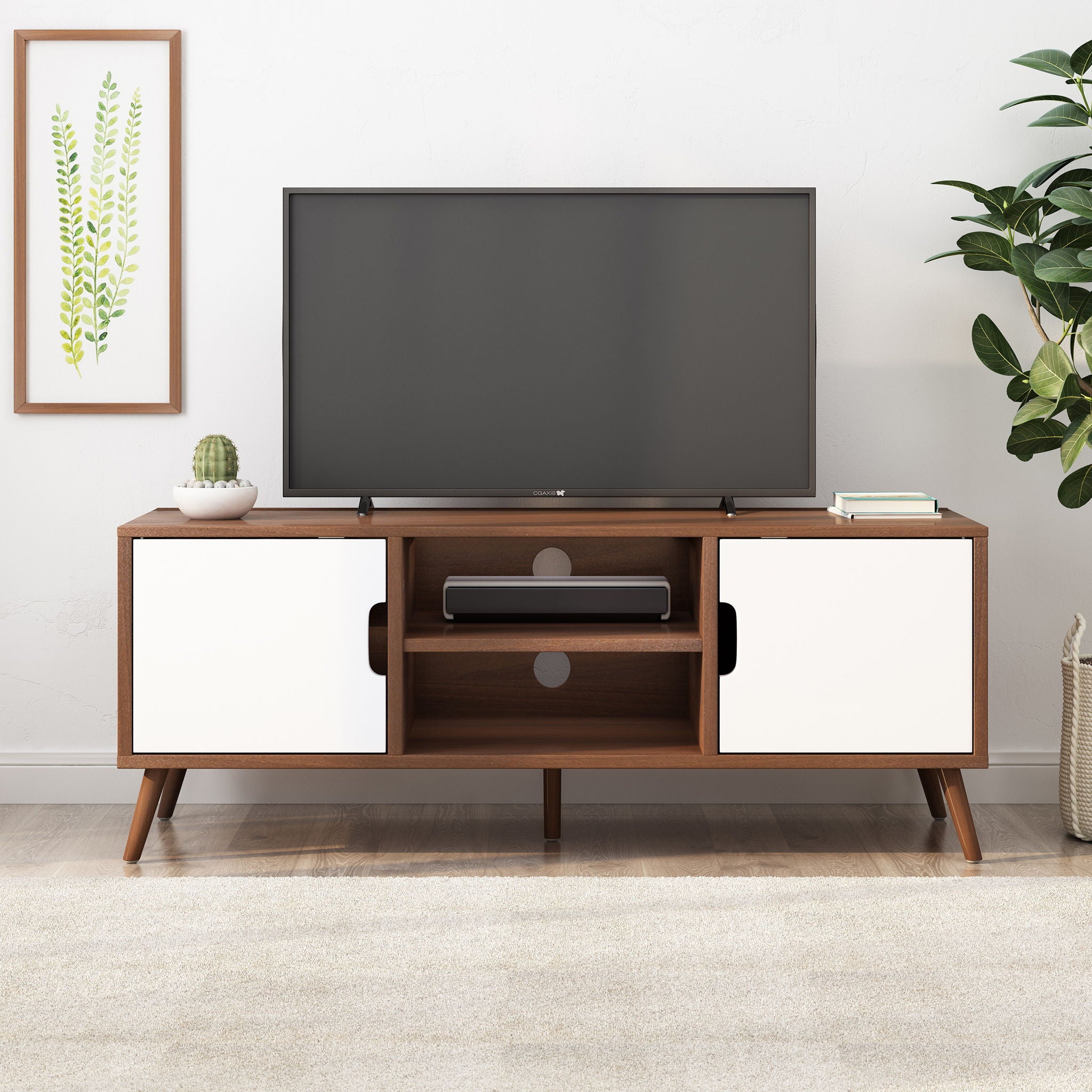 TV Stand With Shelves And Splayed Legs - White / Walnut