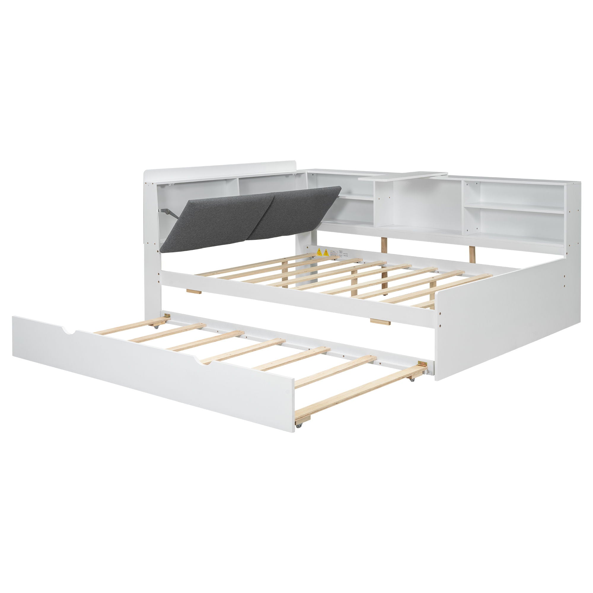 Platform Bed With Trundle, Shelves, And Storage Headboard