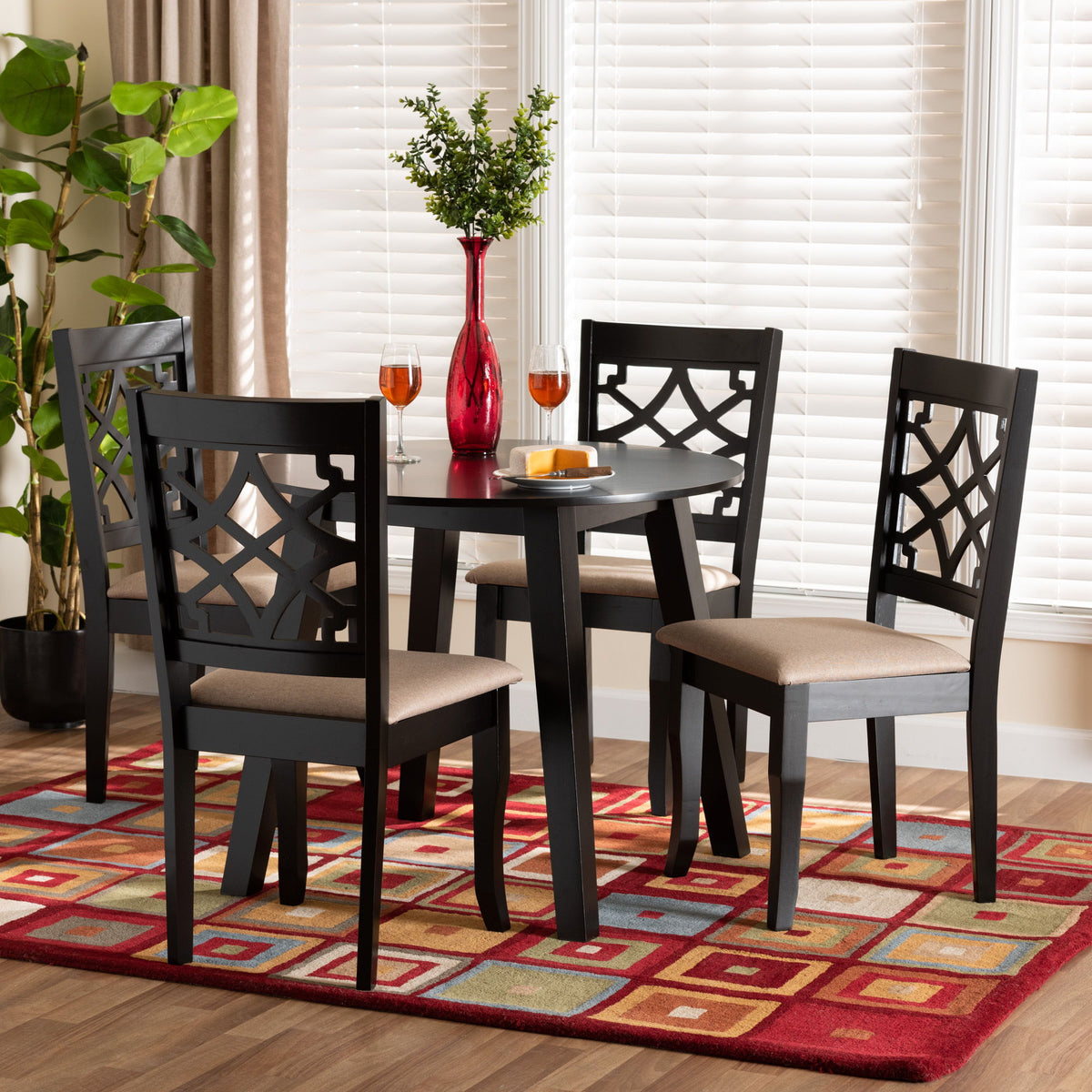 Thea Modern Beige Fabric and Dark Brown Finished Wood 5-Piece Dining Set
