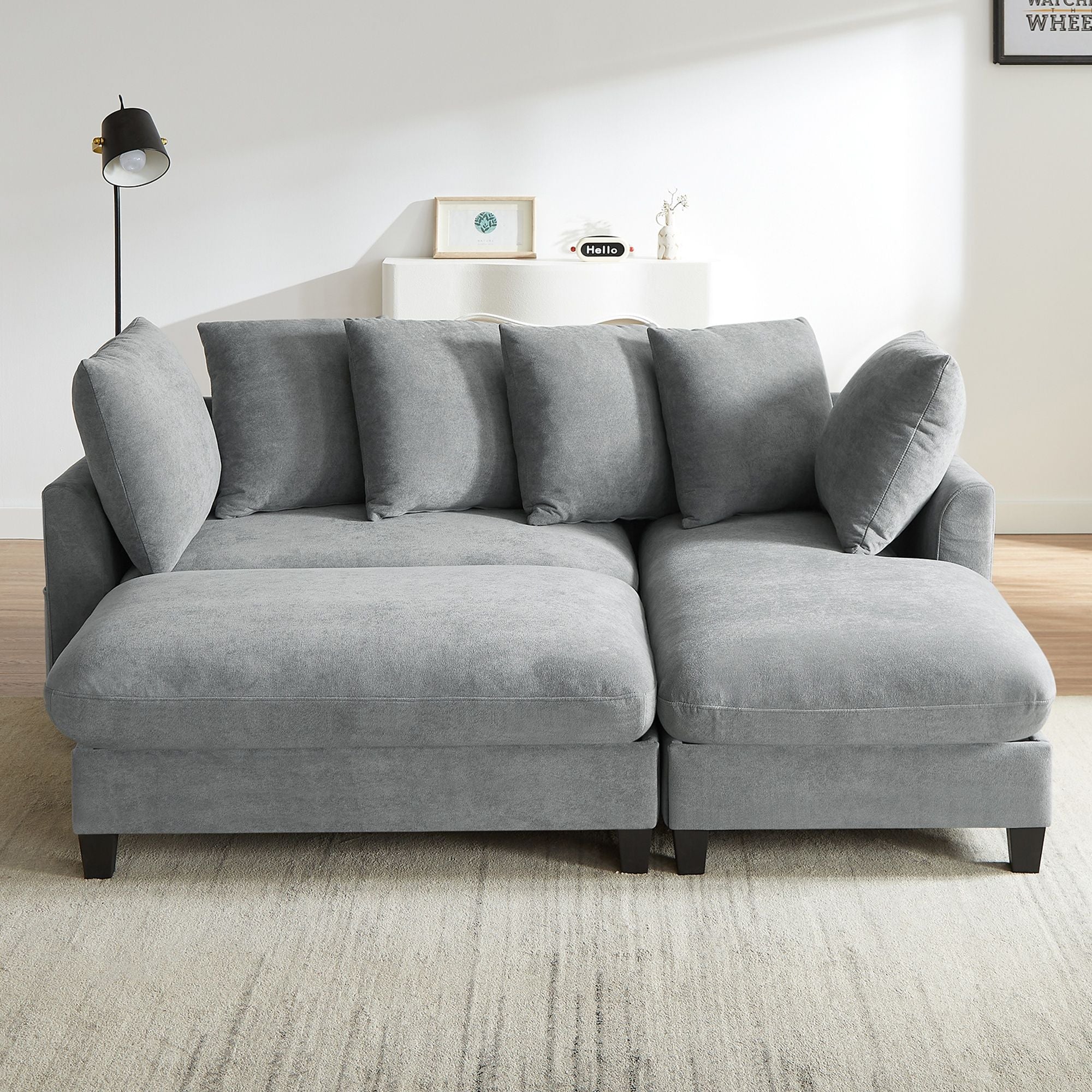Upholstered L Shaped Sectional Sofa With Storage, Movable Ottoman, And 6 Throw Pillows