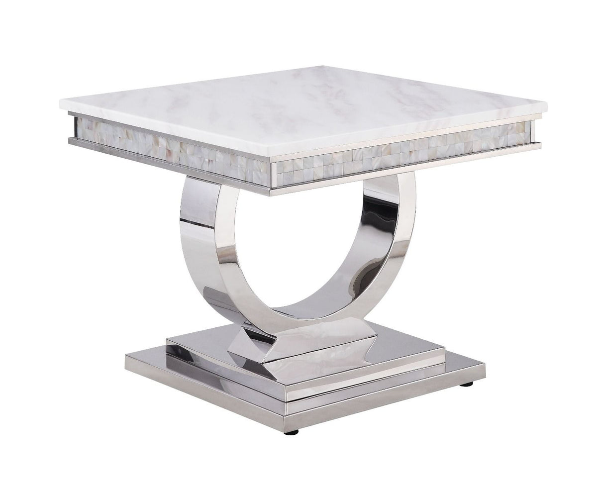 ACME Zander - Console Table - White Printed Faux Marble & Mirrored Silver Finish | Meri Furniture