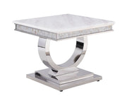 ACME Zander - Console Table - White Printed Faux Marble & Mirrored Silver Finish | Meri Furniture