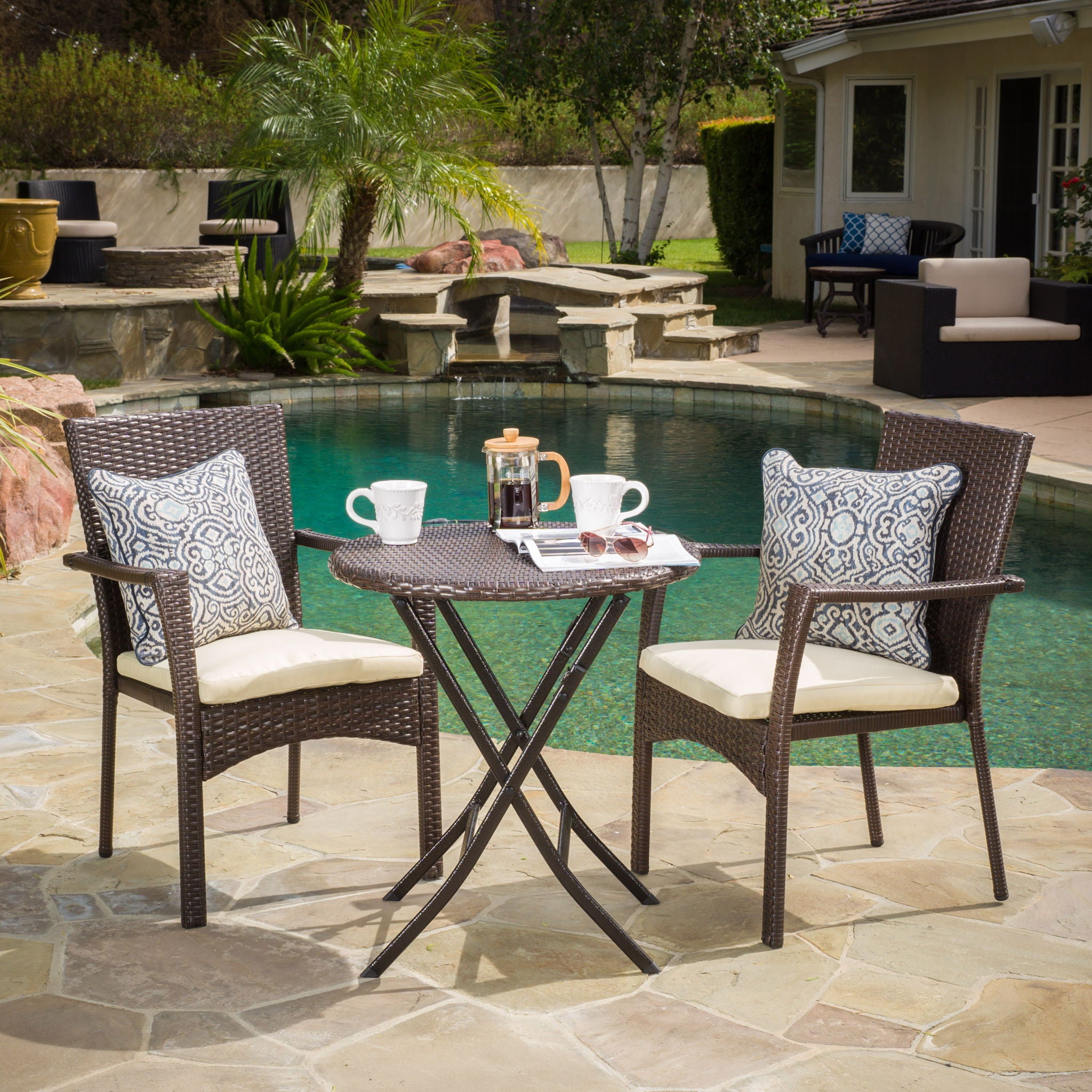 3 Piece Bistro Set With Water Resistant Cushions And 2 Chairs - Brown Multi
