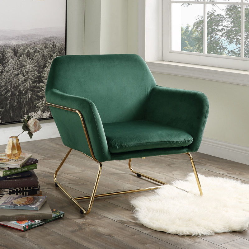 Keira 29.5"W Green Velvet Accent Chair with Metal Base