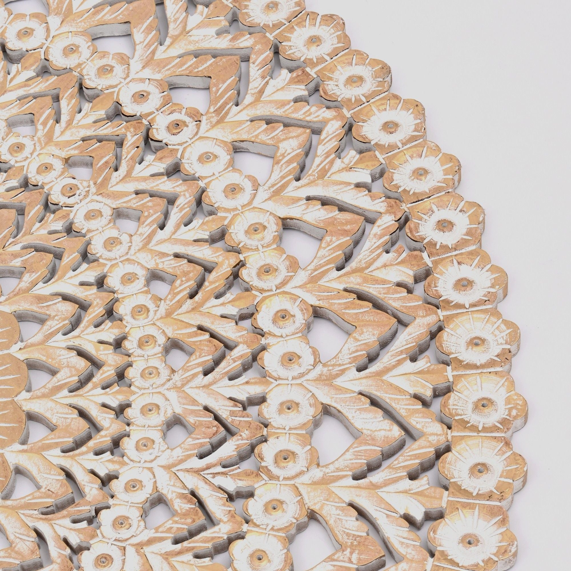 Floral Hand Carved Mandala Round Wall Decor - Brown / Antique White