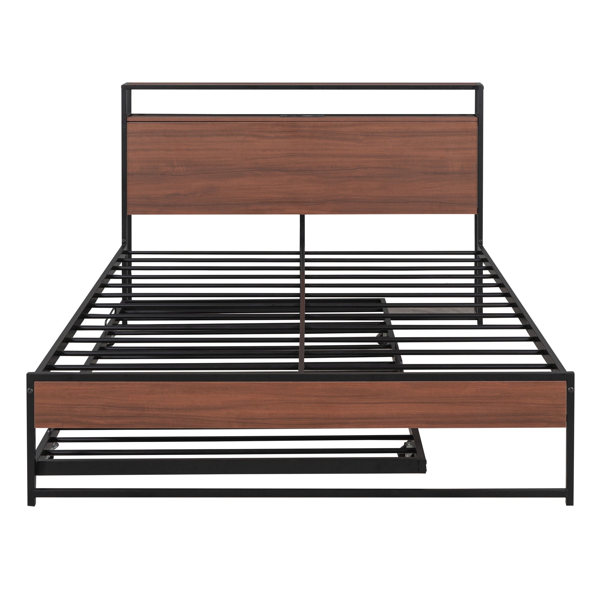 Platform Bed Frame With Trundle, USB Ports And Slat Support, No Box Spring Needed