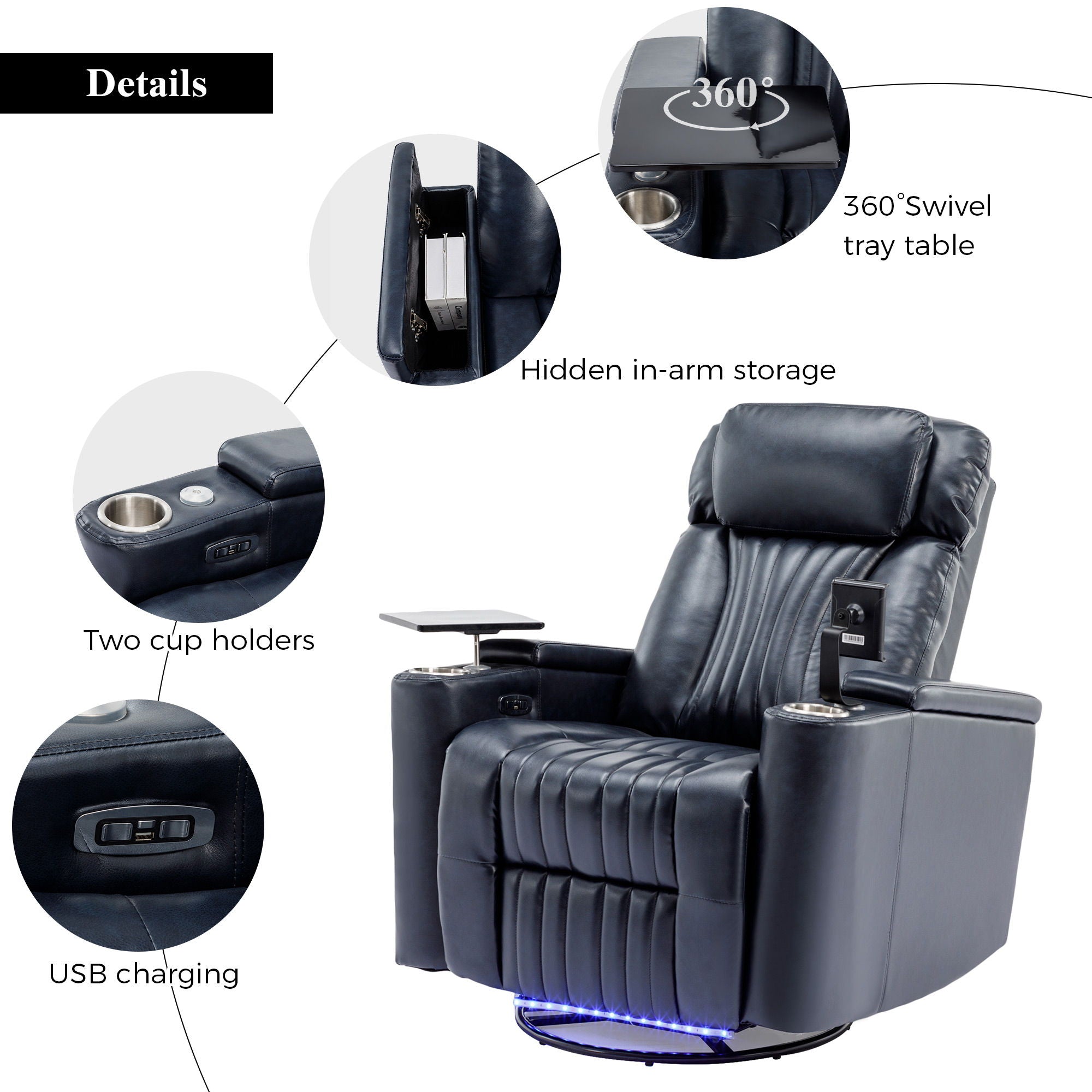 270° Power Swivel Recliner Home Theater Chair With Hidden Arm Storage, LED Light, Cup Holder, And Tray Table