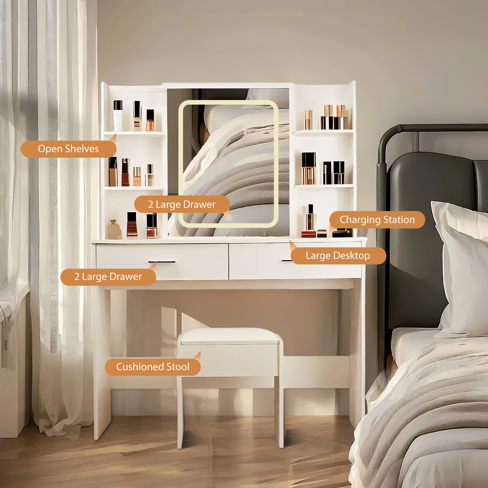 Vanity Desk With Mirror And LED Lights 3 Lighting Modes And Power Outlet 2 Spacious Drawers And Stool - White