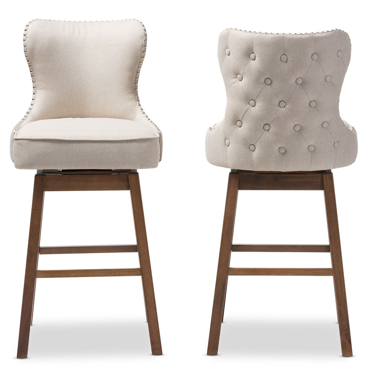 Gradisca Modern and Contemporary Brown Wood Finishing and Light Beige Fabric Button-Tufted Upholstered 2-Piece Swivel Barstool Set