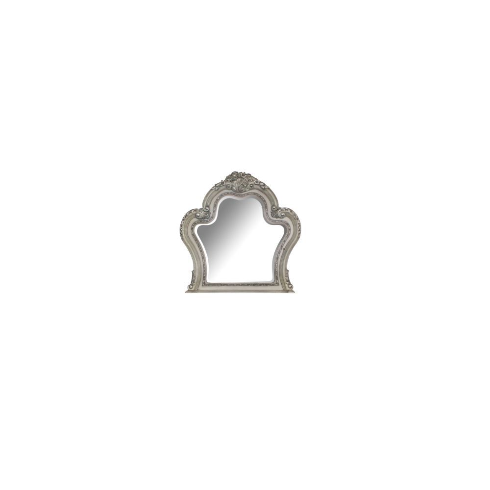 ACME Create an elegant, classy design in your bedroom with the Dresden gold patina and bone mirror. This mirror features a beautiful scrolled frame with beveled edges. Add this mirror to any other piece from this collection to create the perfect bedroom.