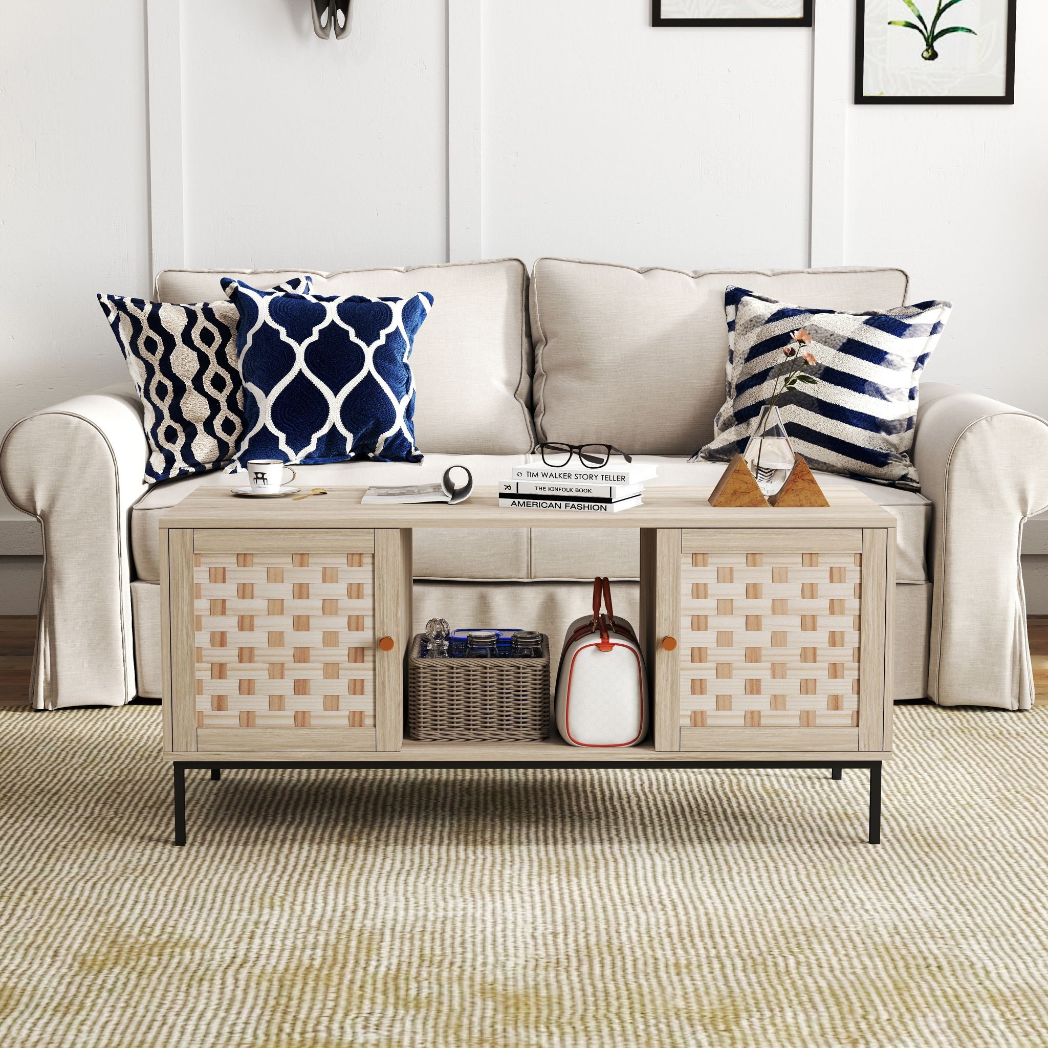 Elegant Veener Weaving Design Coffee Table With 4 Sliding Doors - Natural Wood