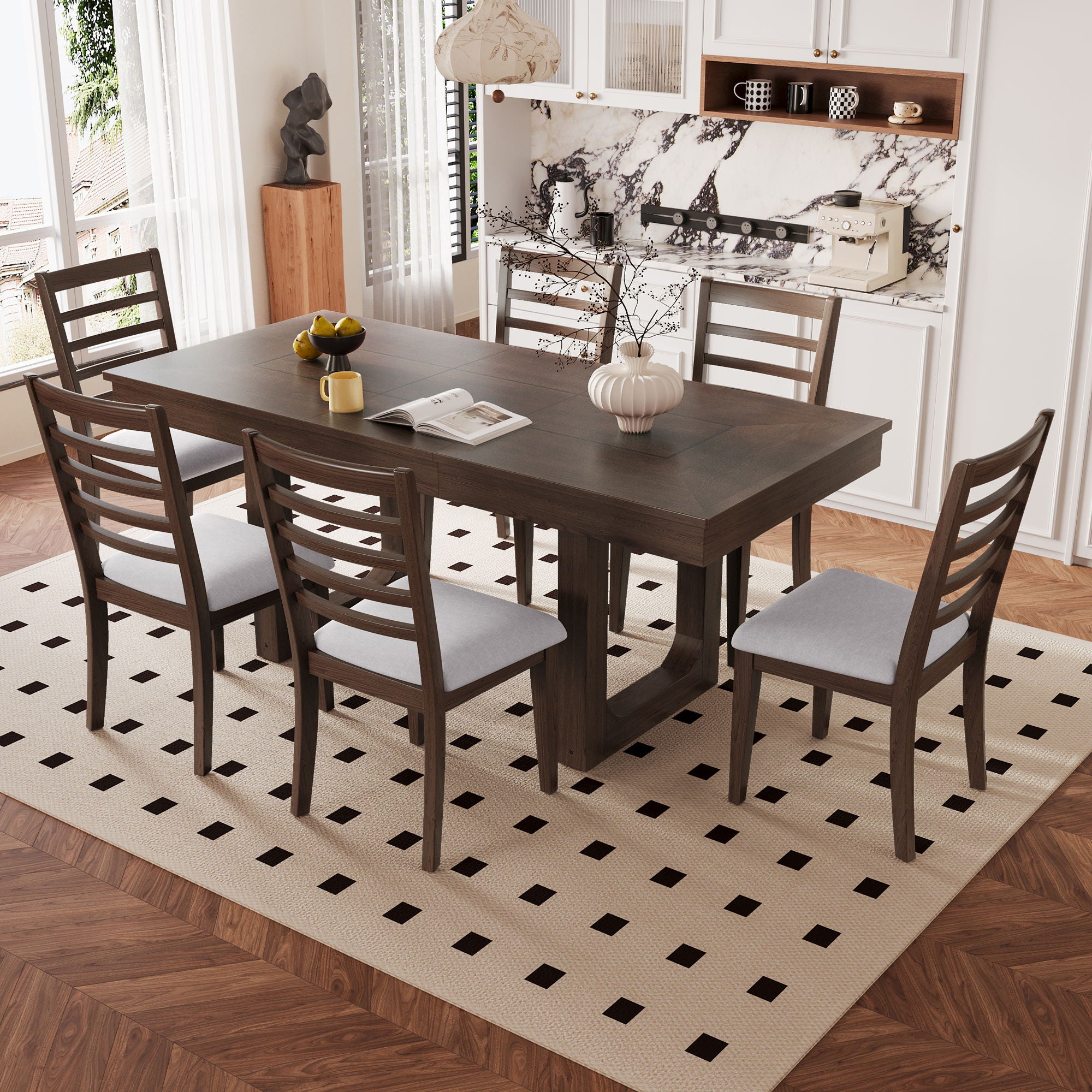 Extendable Dining Set, Farmhouse Extendable Table With Upholstered Chairs