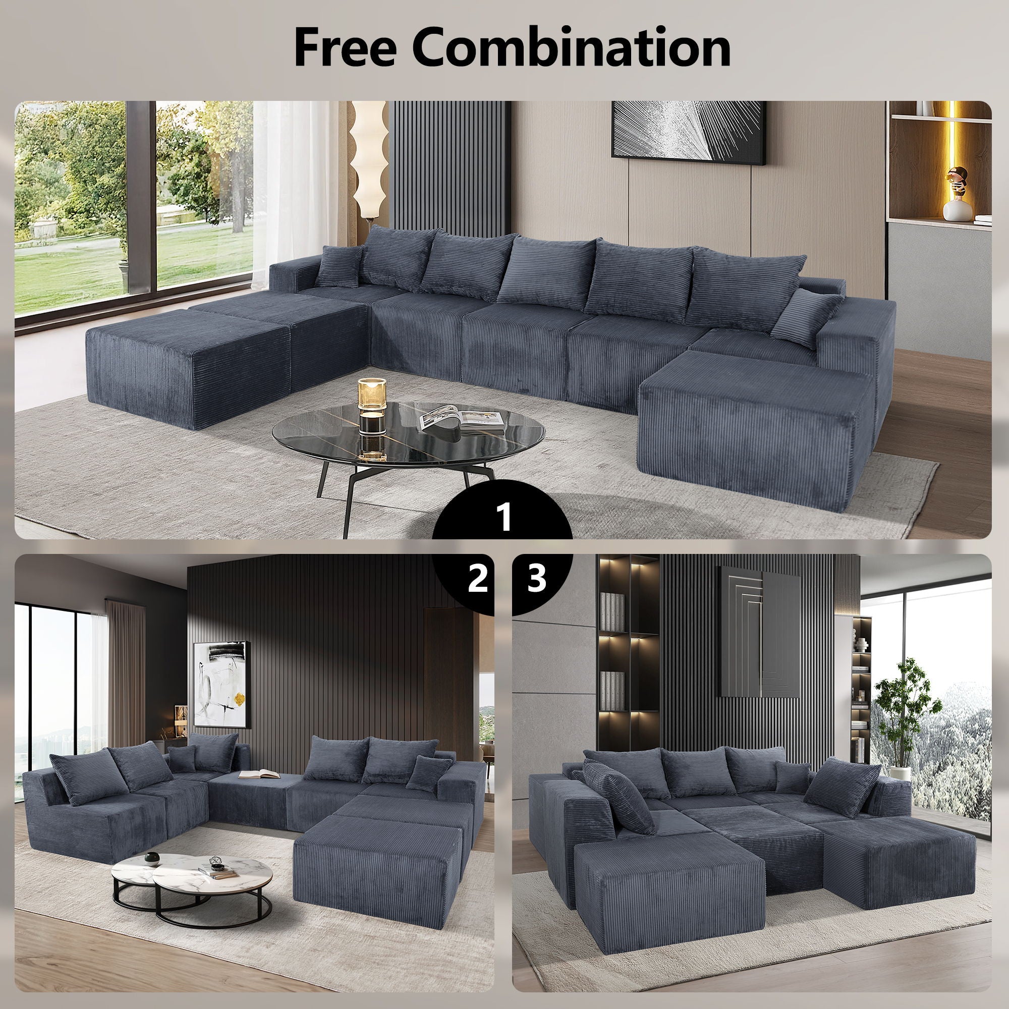 Luxury 8 Piece Modular U Shaped Sectional Sofa With Oversized Chaise Lounge And Bed Corduroy Upholstery