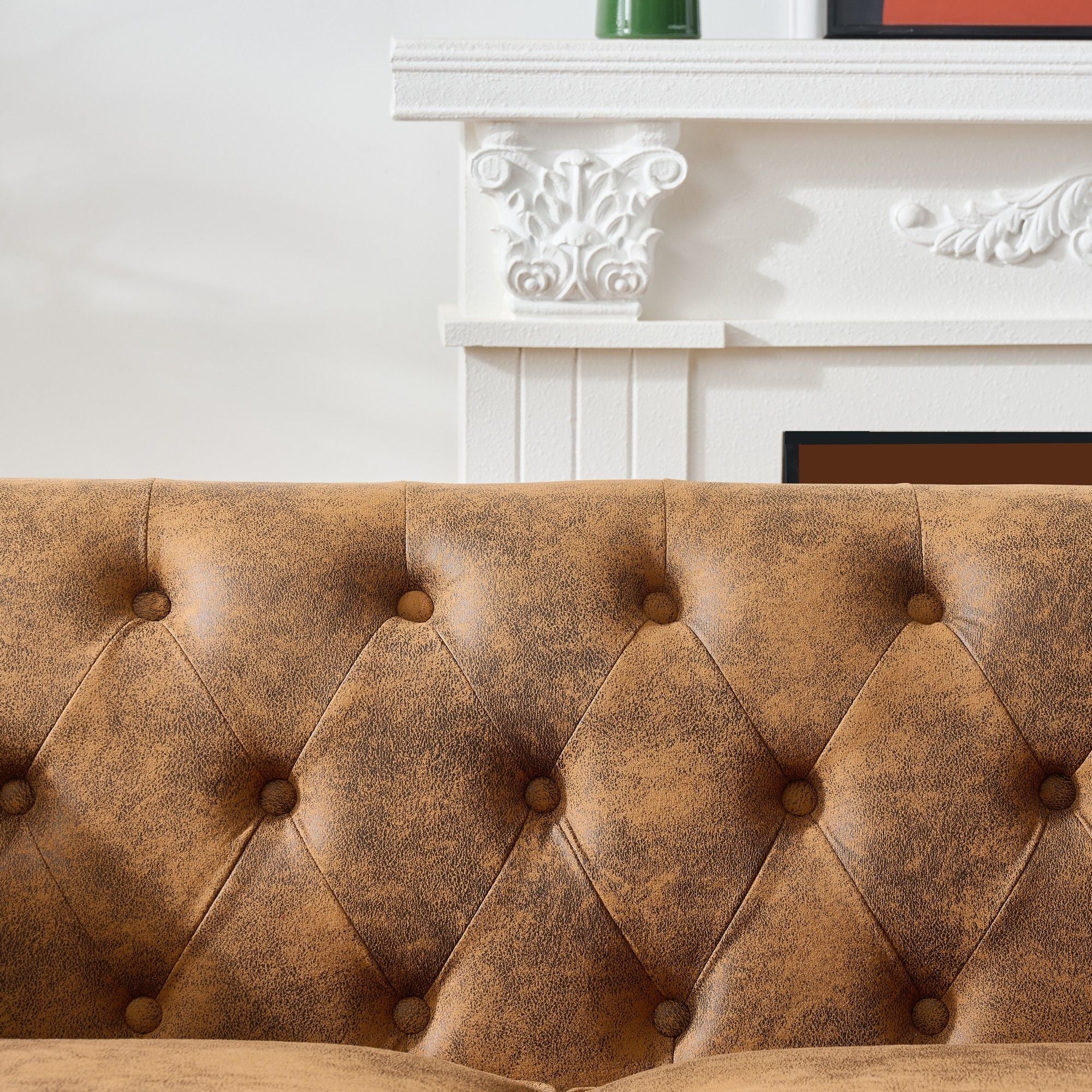 Chesterfield Sofa, High Roll Armrest Sofa, Upholstered Mid Century Modern Couch, 3 Seater Couch - Brown