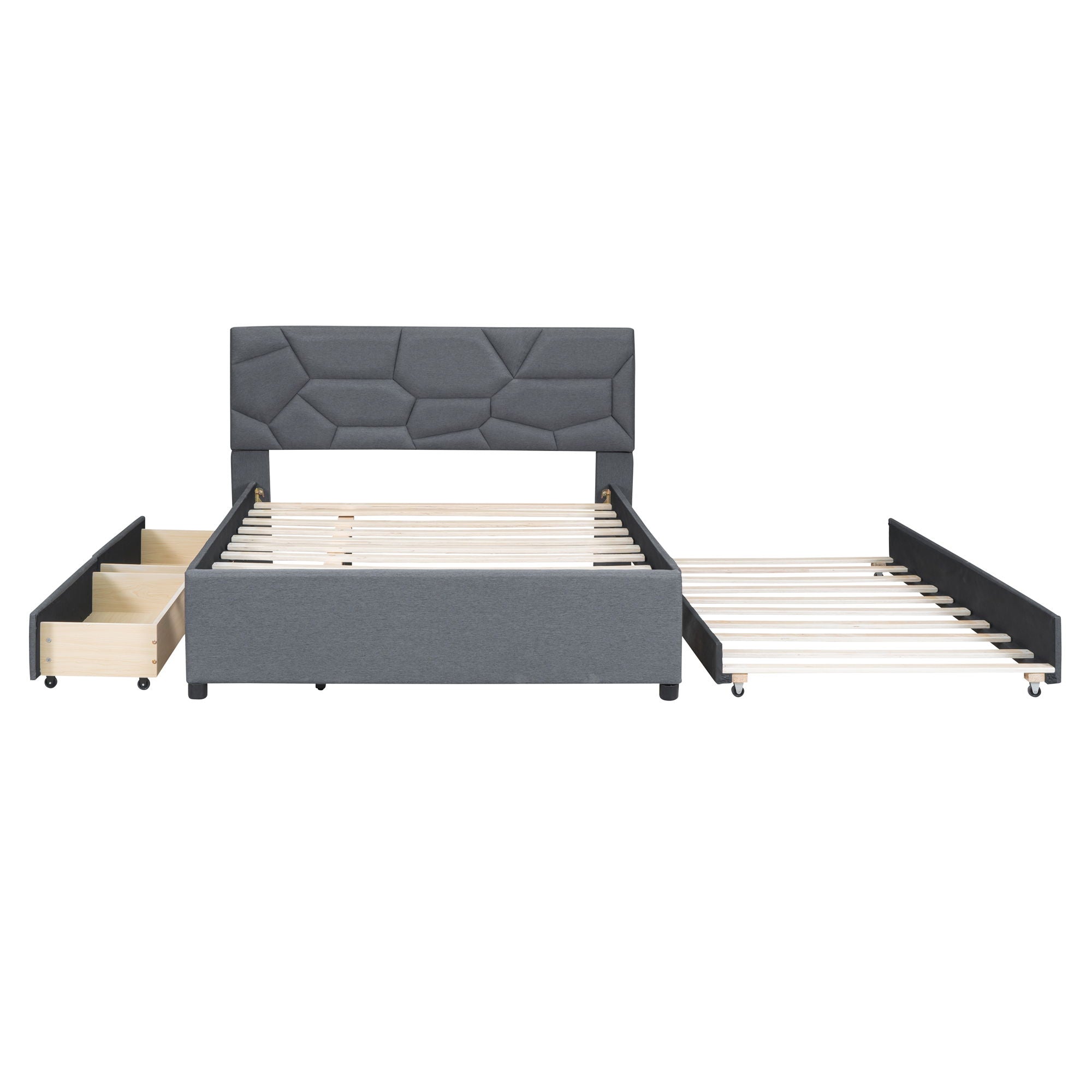 Upholstered Platform Bed With Brick Pattern Headboard And Twin Long Size Trundle