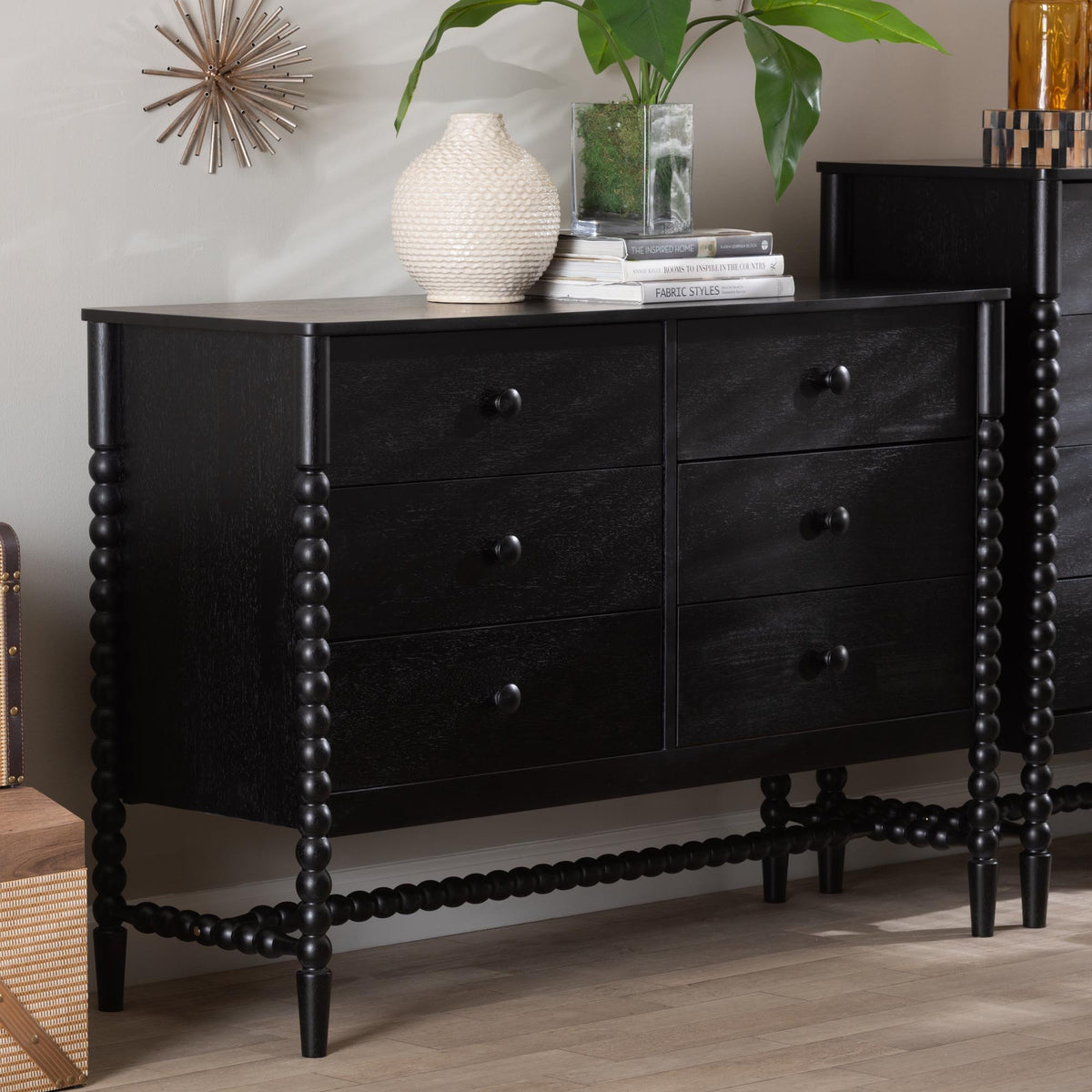 Brantley Spindle Dresser - 6-Drawer Horizontal Storage Cabinet with Beaded Frame and Elevated Base for Bedroom, Black