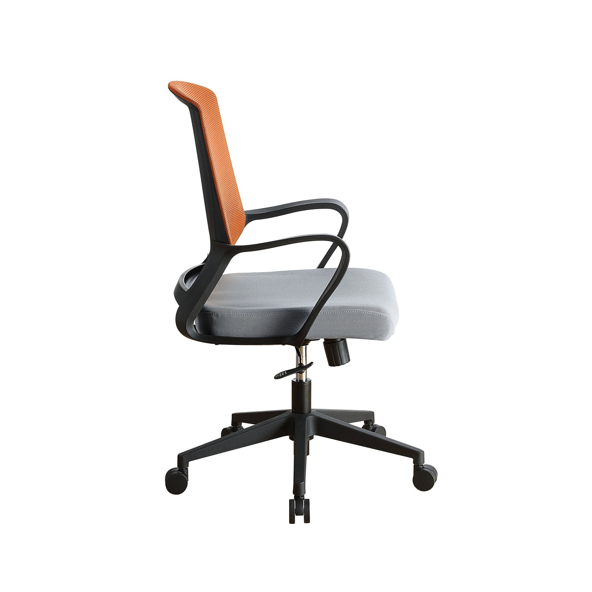 •KD, Office Chair•Seat: Swivel (360 Degrees), and Adjustable Height•Padded Seat Cushion•Back Cushion w/Breathable Mesh Material•5-Star Base w/Casters•Seat Cushion Thickness: 2"•Fixed Armrest