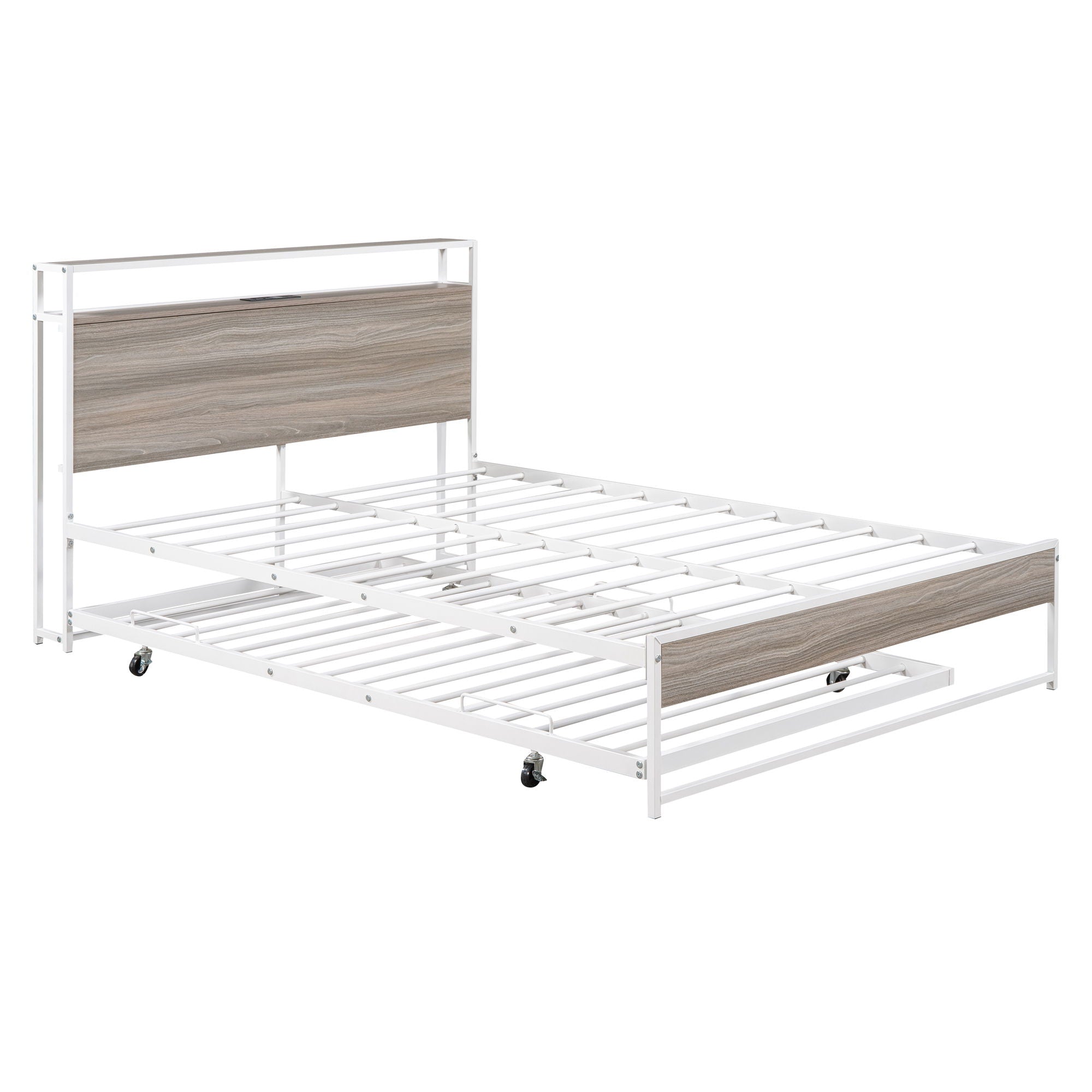 Platform Bed Frame With Trundle, USB Ports And Slat Support, No Box Spring Needed